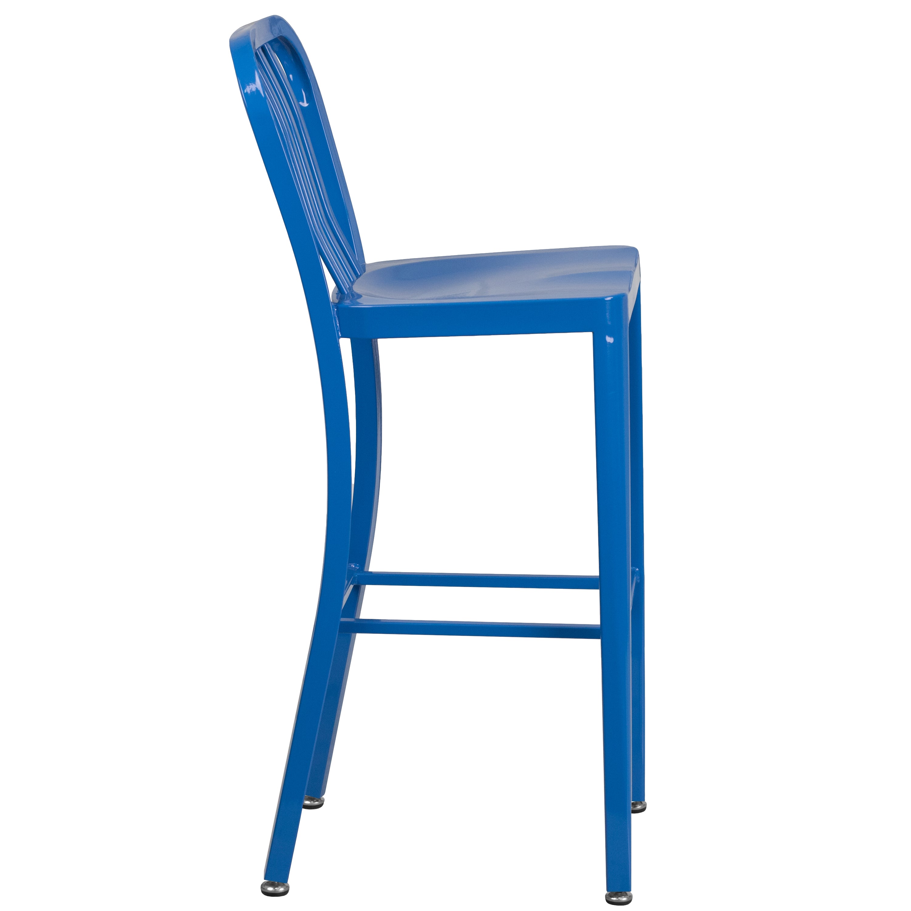Gael Commercial Grade 30" High Blue Metal Indoor-Outdoor Barstool with Vertical Slat Back