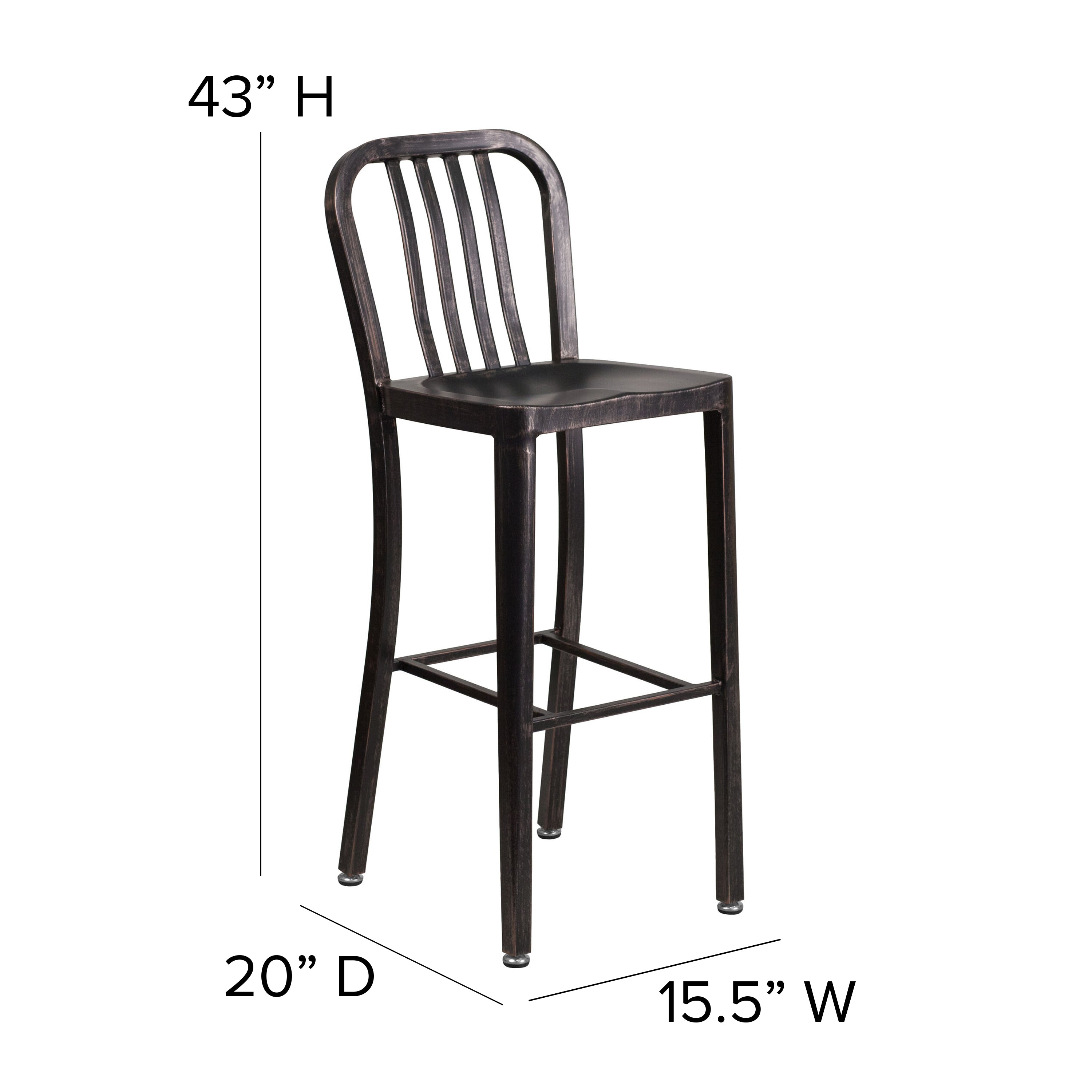 Gael Commercial Grade 30" High Black-Antique Gold Metal Indoor-Outdoor Barstool with Vertical Slat Back