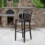 Gael Commercial Grade 30" High Black-Antique Gold Metal Indoor-Outdoor Barstool with Vertical Slat Back