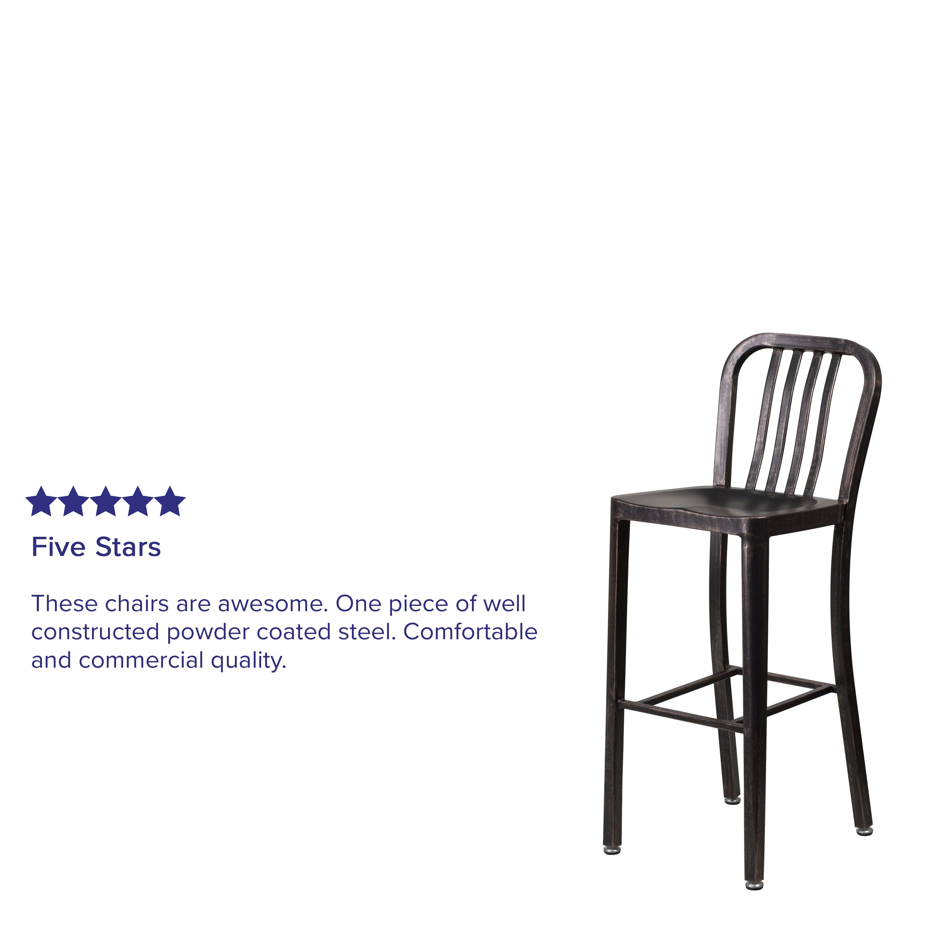 Gael Commercial Grade 30" High Black-Antique Gold Metal Indoor-Outdoor Barstool with Vertical Slat Back