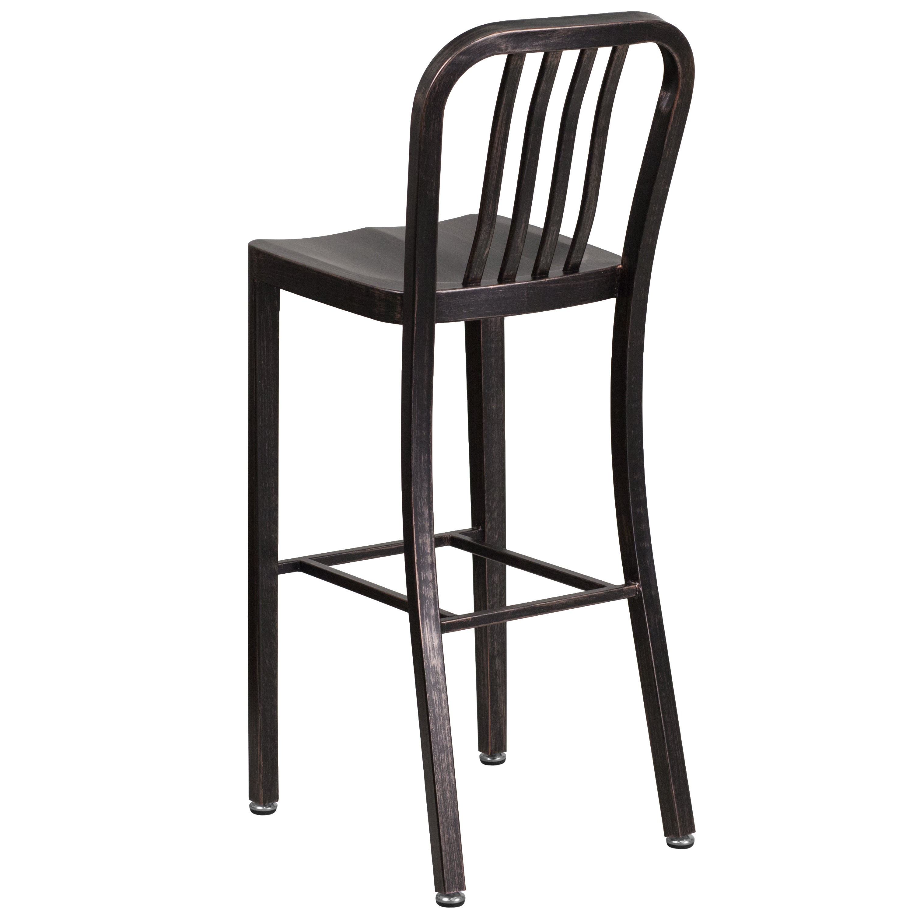 Gael Commercial Grade 30" High Black-Antique Gold Metal Indoor-Outdoor Barstool with Vertical Slat Back