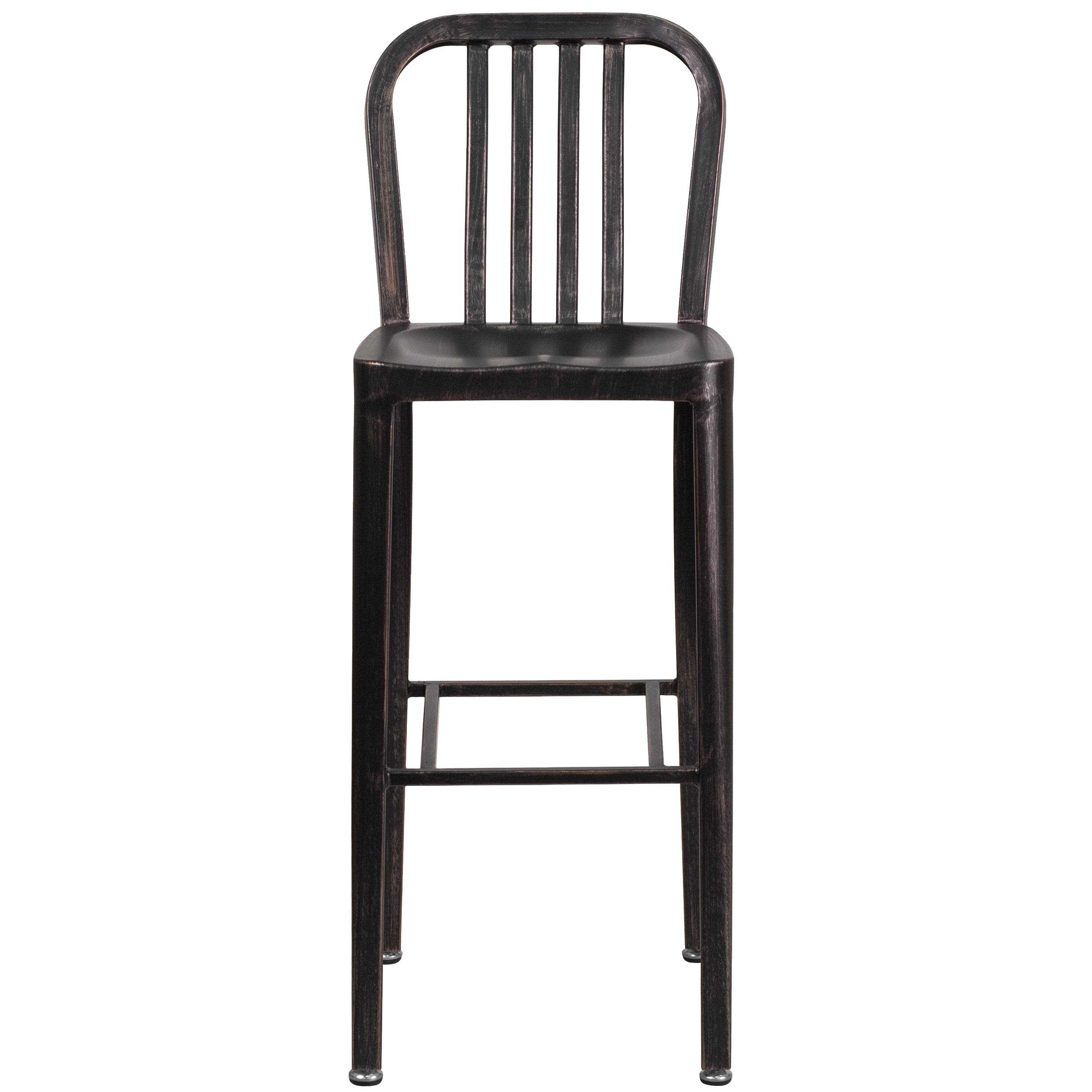Gael Commercial Grade 30" High Black-Antique Gold Metal Indoor-Outdoor Barstool with Vertical Slat Back