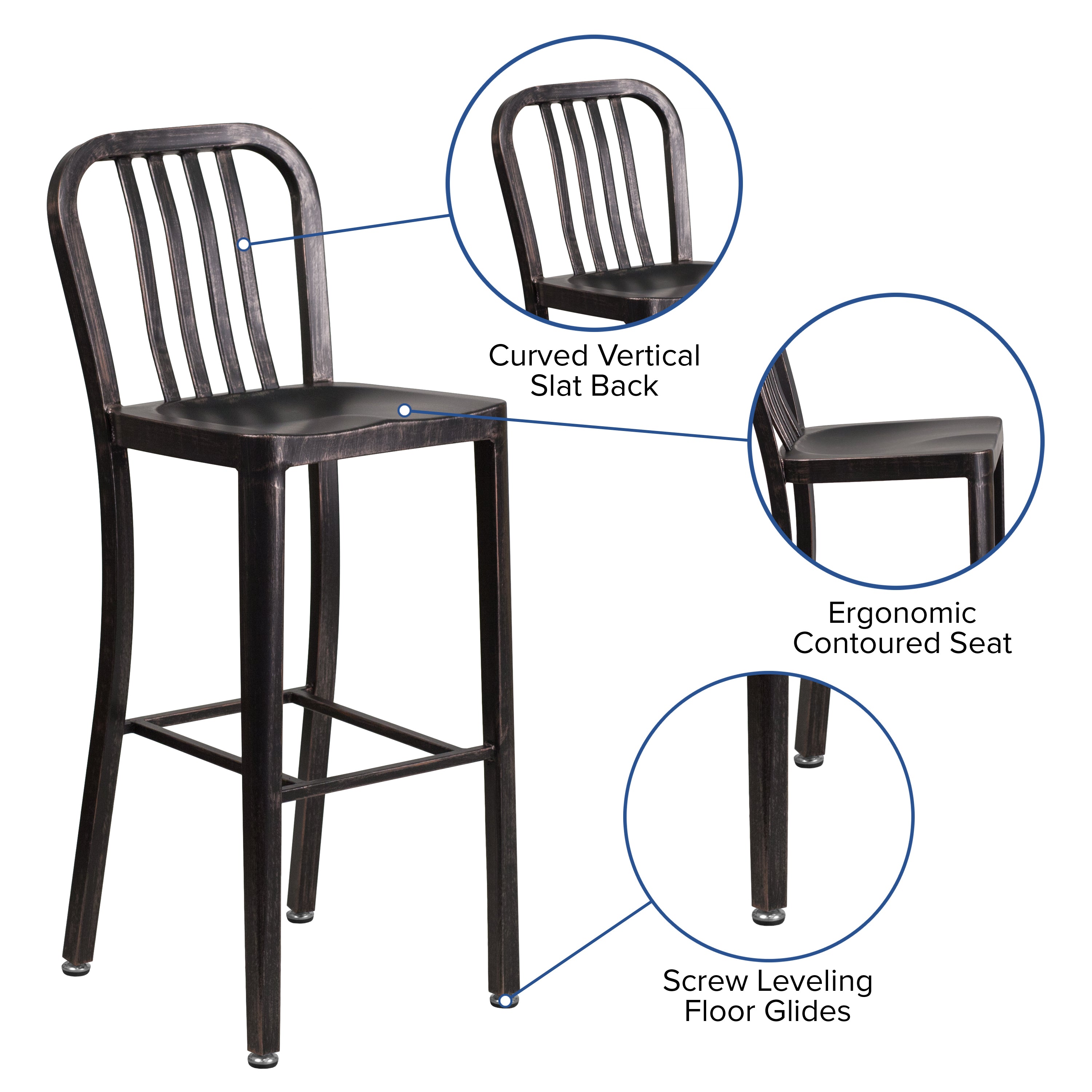 Gael Commercial Grade 30" High Black-Antique Gold Metal Indoor-Outdoor Barstool with Vertical Slat Back