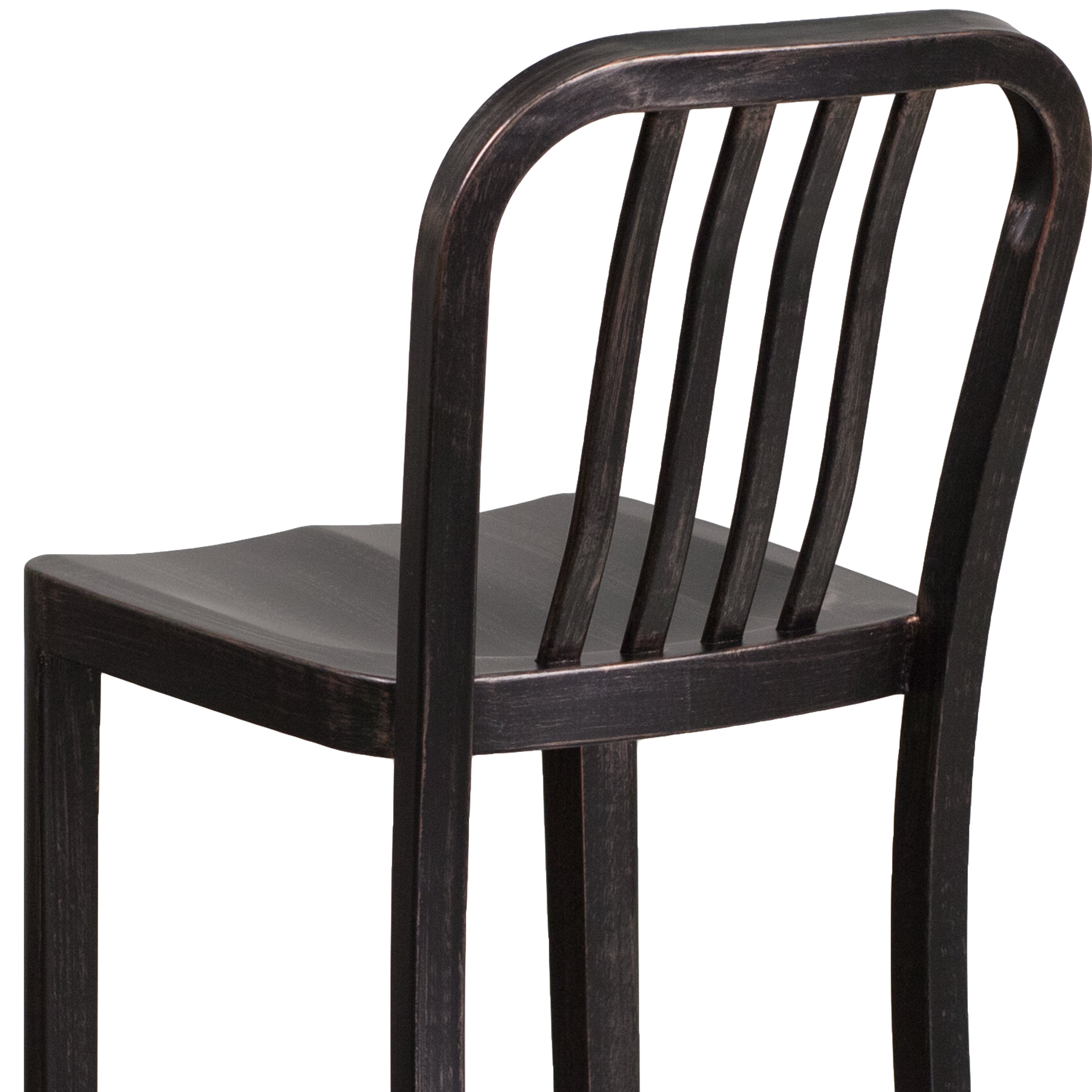 Gael Commercial Grade 30" High Black-Antique Gold Metal Indoor-Outdoor Barstool with Vertical Slat Back