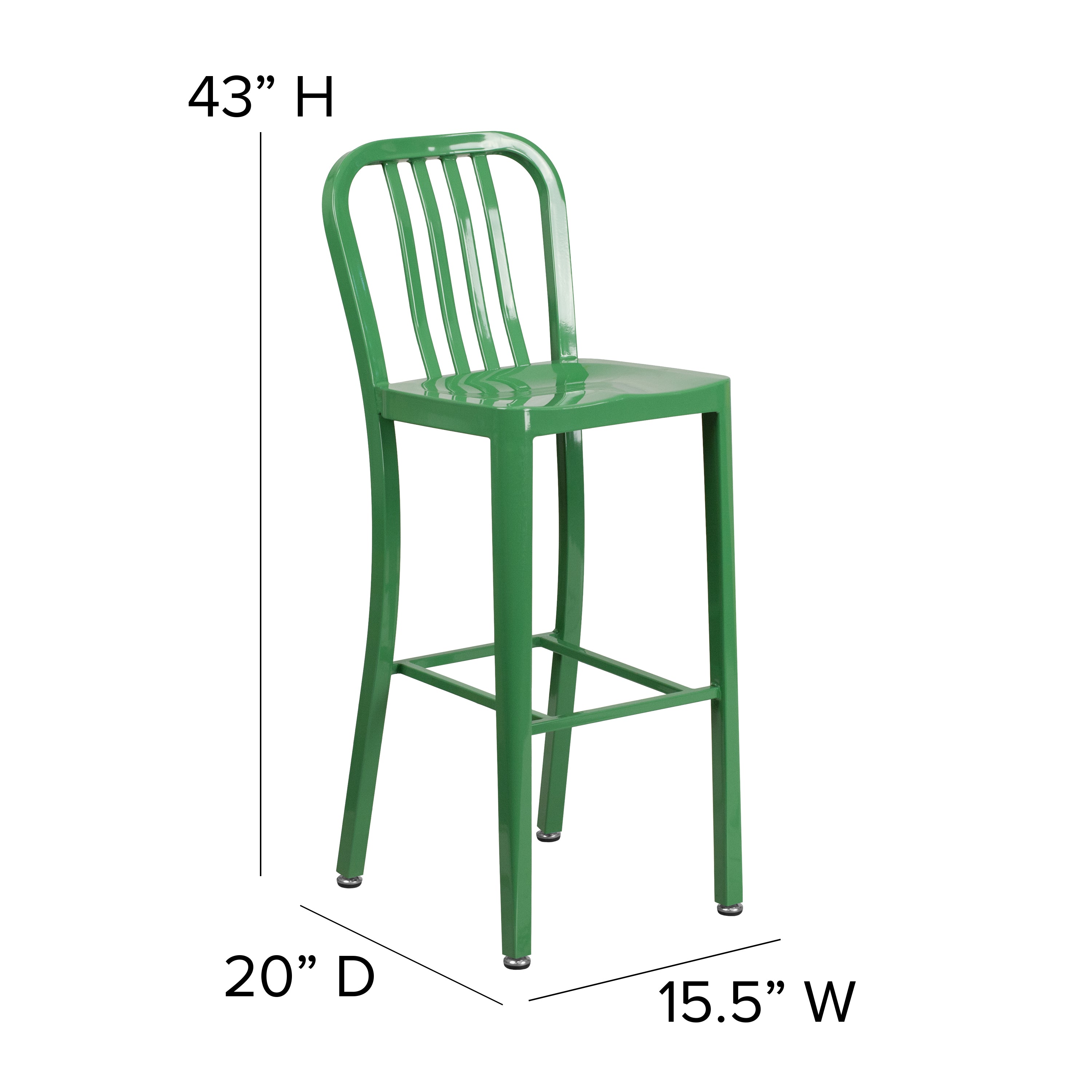 Gael Commercial Grade 30" High Green Metal Indoor-Outdoor Barstool with Vertical Slat Back