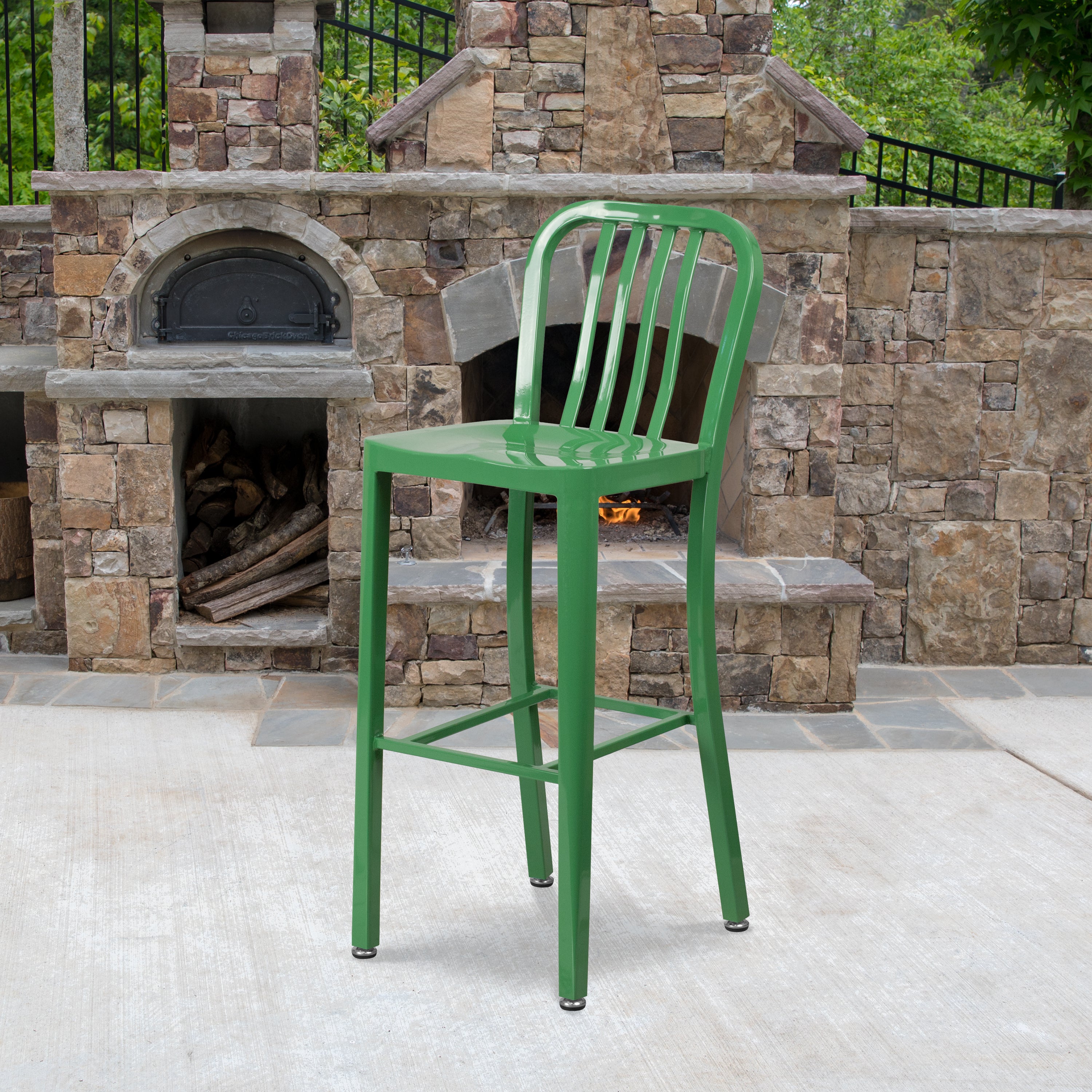 Gael Commercial Grade 30" High Green Metal Indoor-Outdoor Barstool with Vertical Slat Back