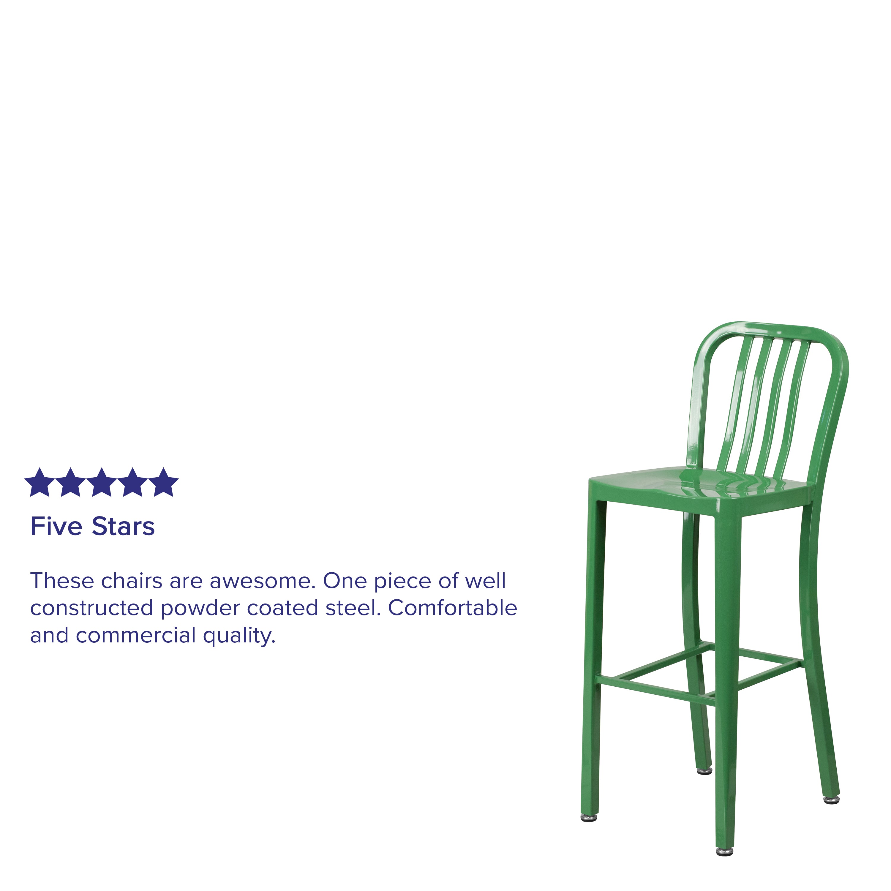 Gael Commercial Grade 30" High Green Metal Indoor-Outdoor Barstool with Vertical Slat Back