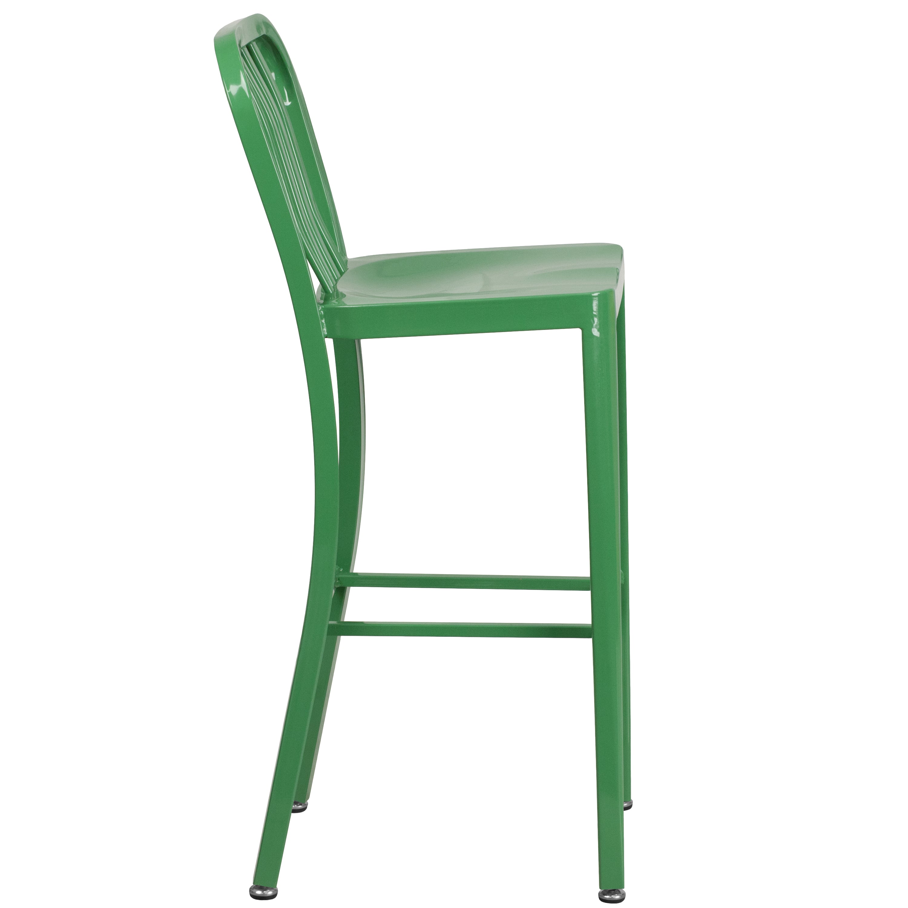Gael Commercial Grade 30" High Green Metal Indoor-Outdoor Barstool with Vertical Slat Back