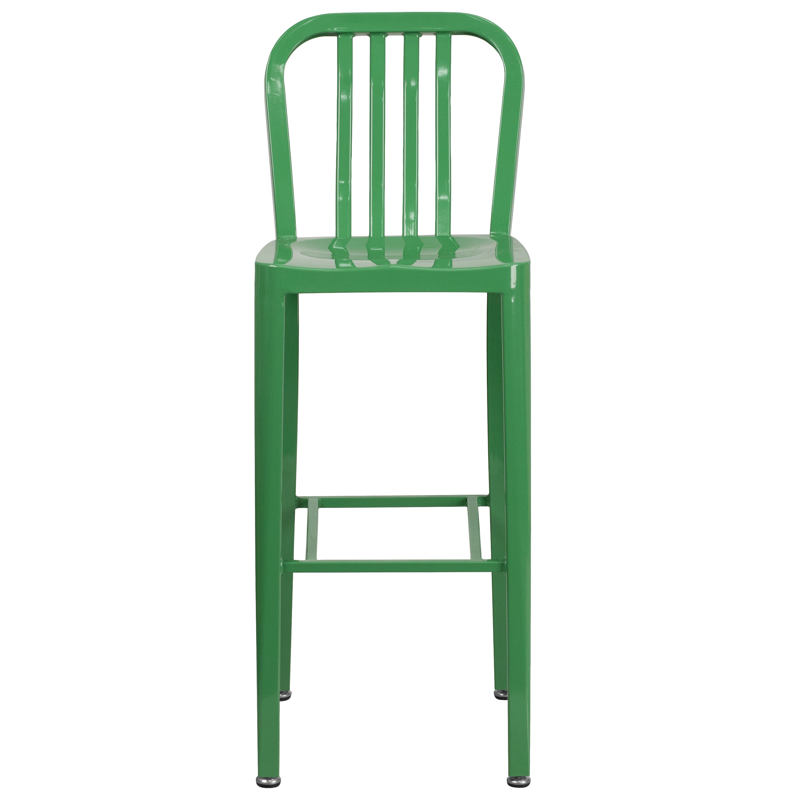 Gael Commercial Grade 30" High Green Metal Indoor-Outdoor Barstool with Vertical Slat Back