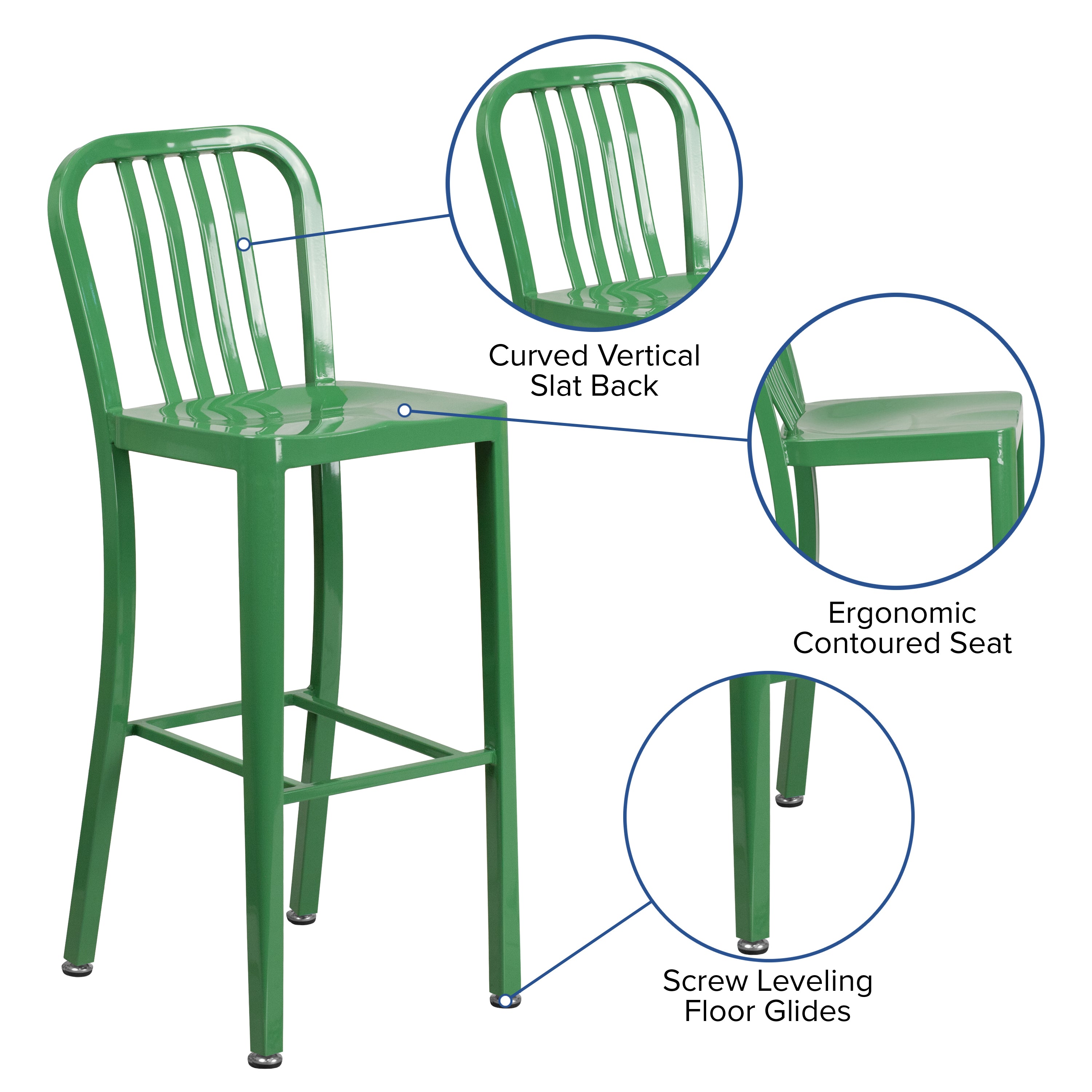 Gael Commercial Grade 30" High Green Metal Indoor-Outdoor Barstool with Vertical Slat Back