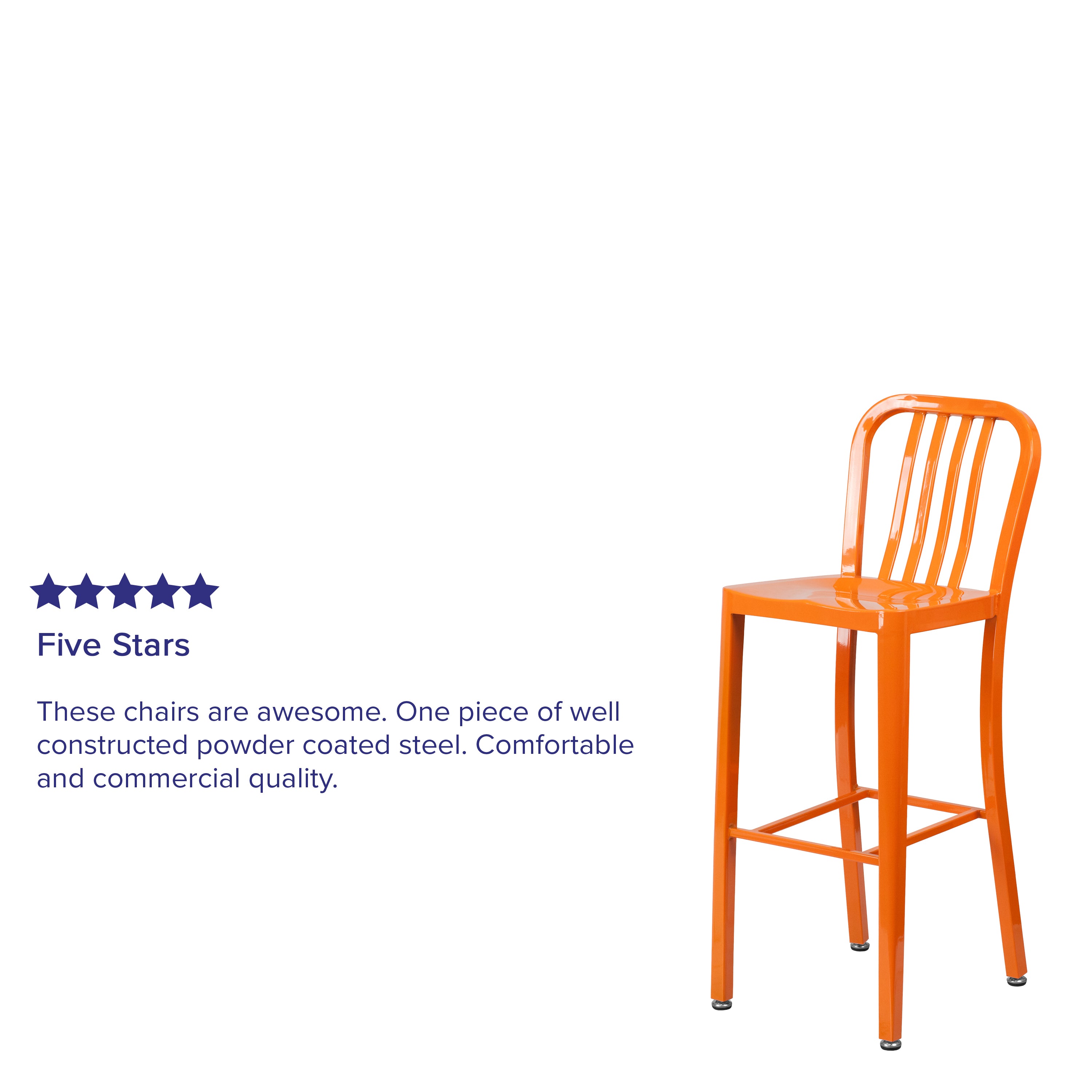 Gael Commercial Grade 30" High Orange Metal Indoor-Outdoor Barstool with Vertical Slat Back