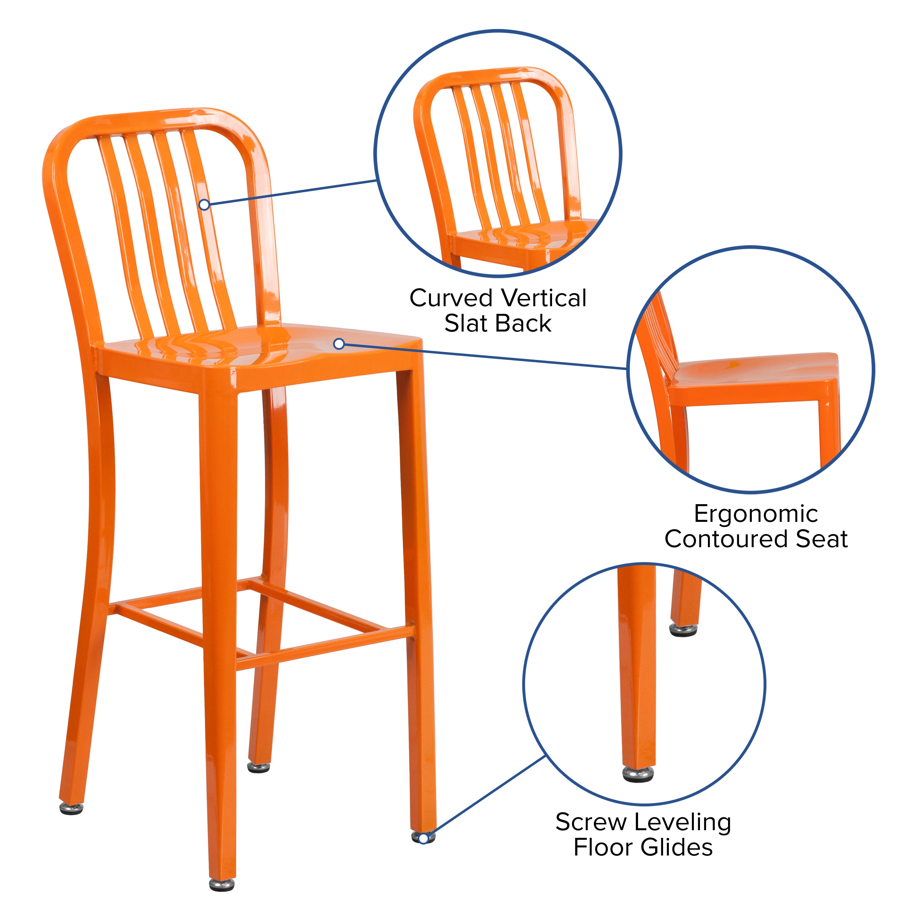 Gael Commercial Grade 30" High Orange Metal Indoor-Outdoor Barstool with Vertical Slat Back