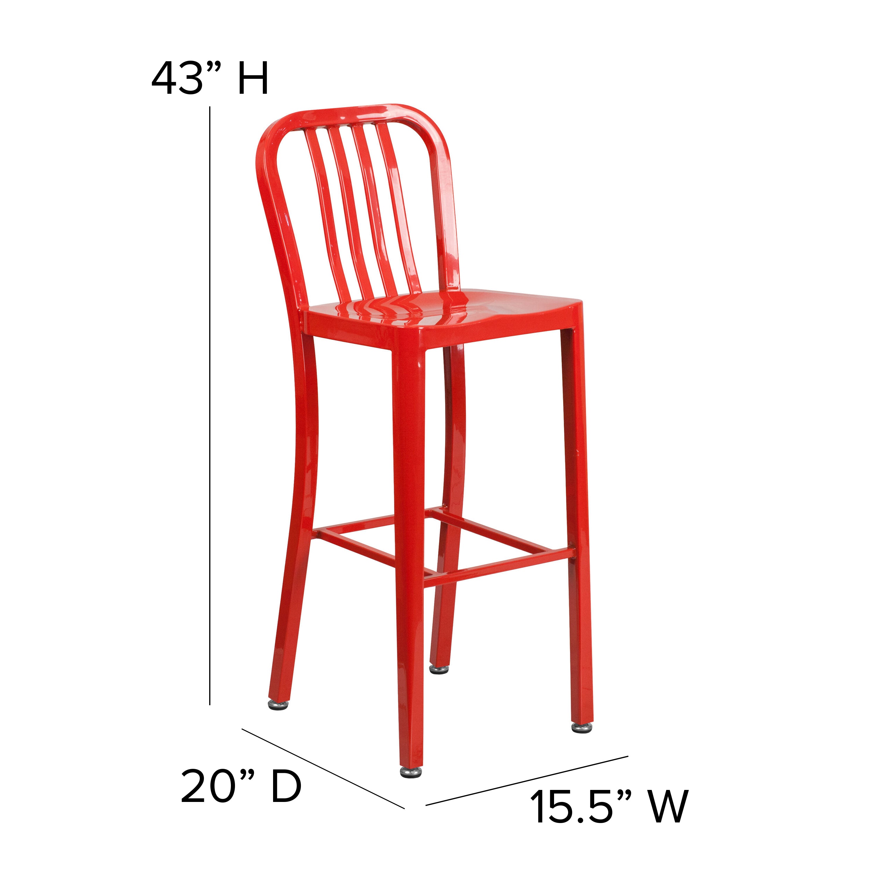 Gael Commercial Grade 30" High Red Metal Indoor-Outdoor Barstool with Vertical Slat Back