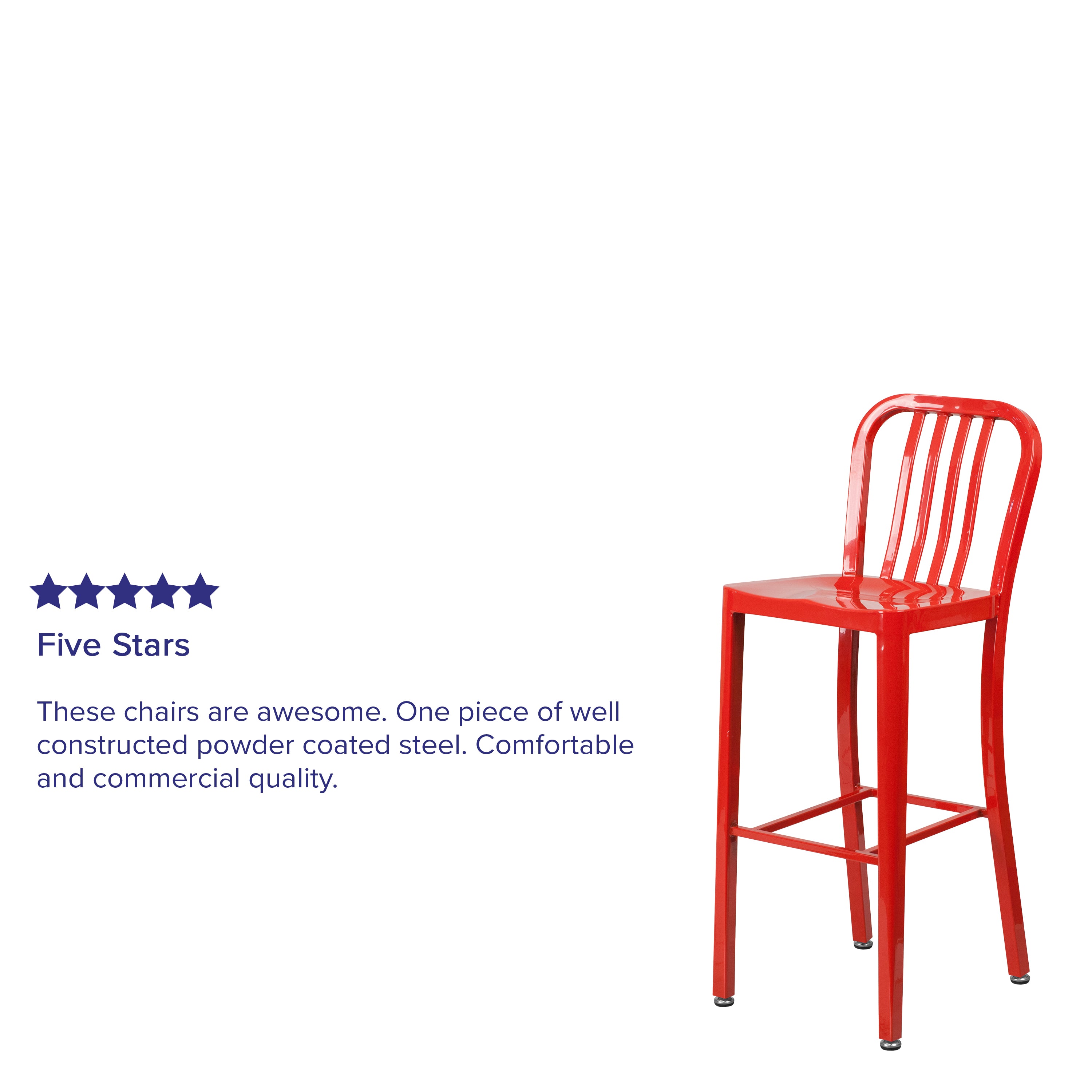 Gael Commercial Grade 30" High Red Metal Indoor-Outdoor Barstool with Vertical Slat Back