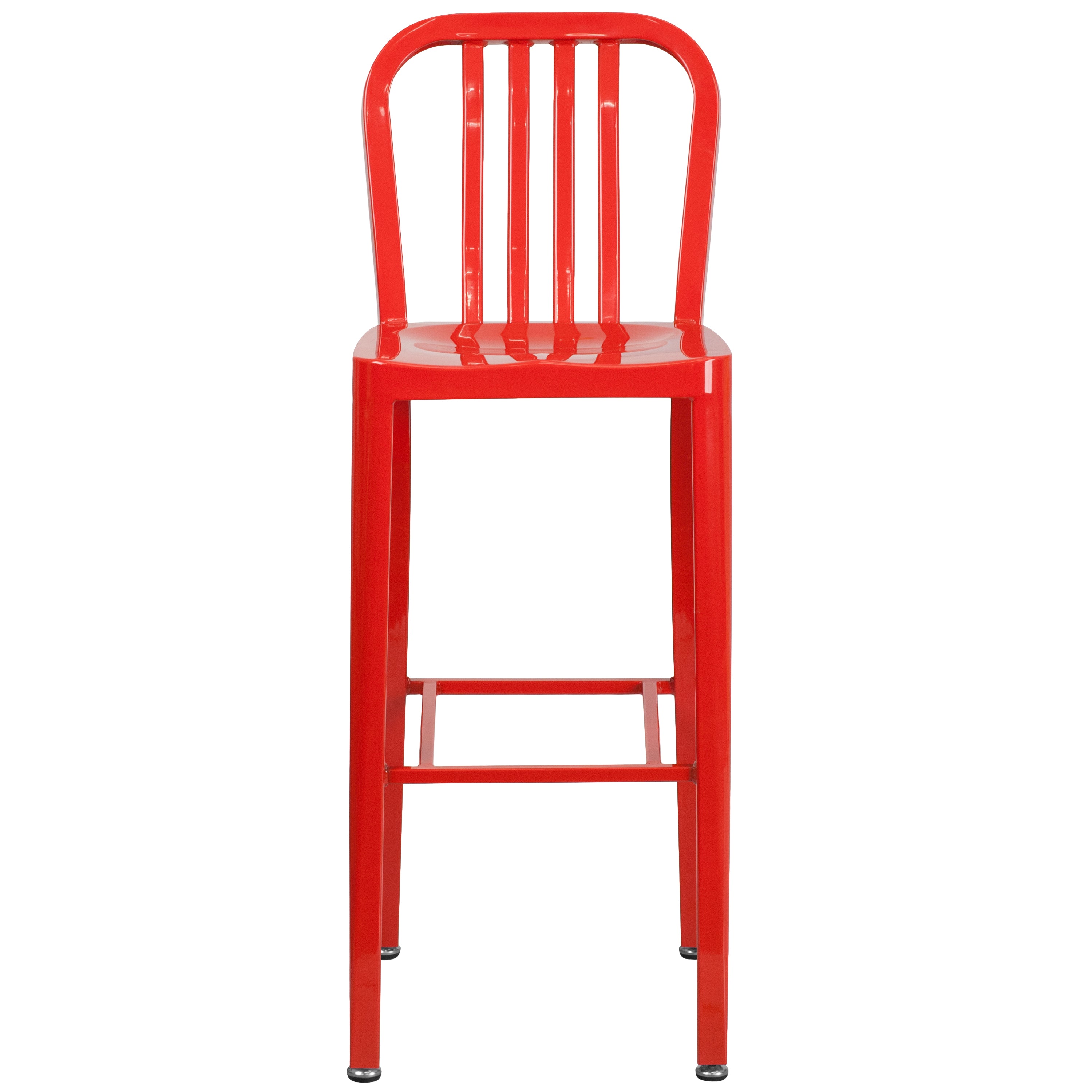 Gael Commercial Grade 30" High Red Metal Indoor-Outdoor Barstool with Vertical Slat Back