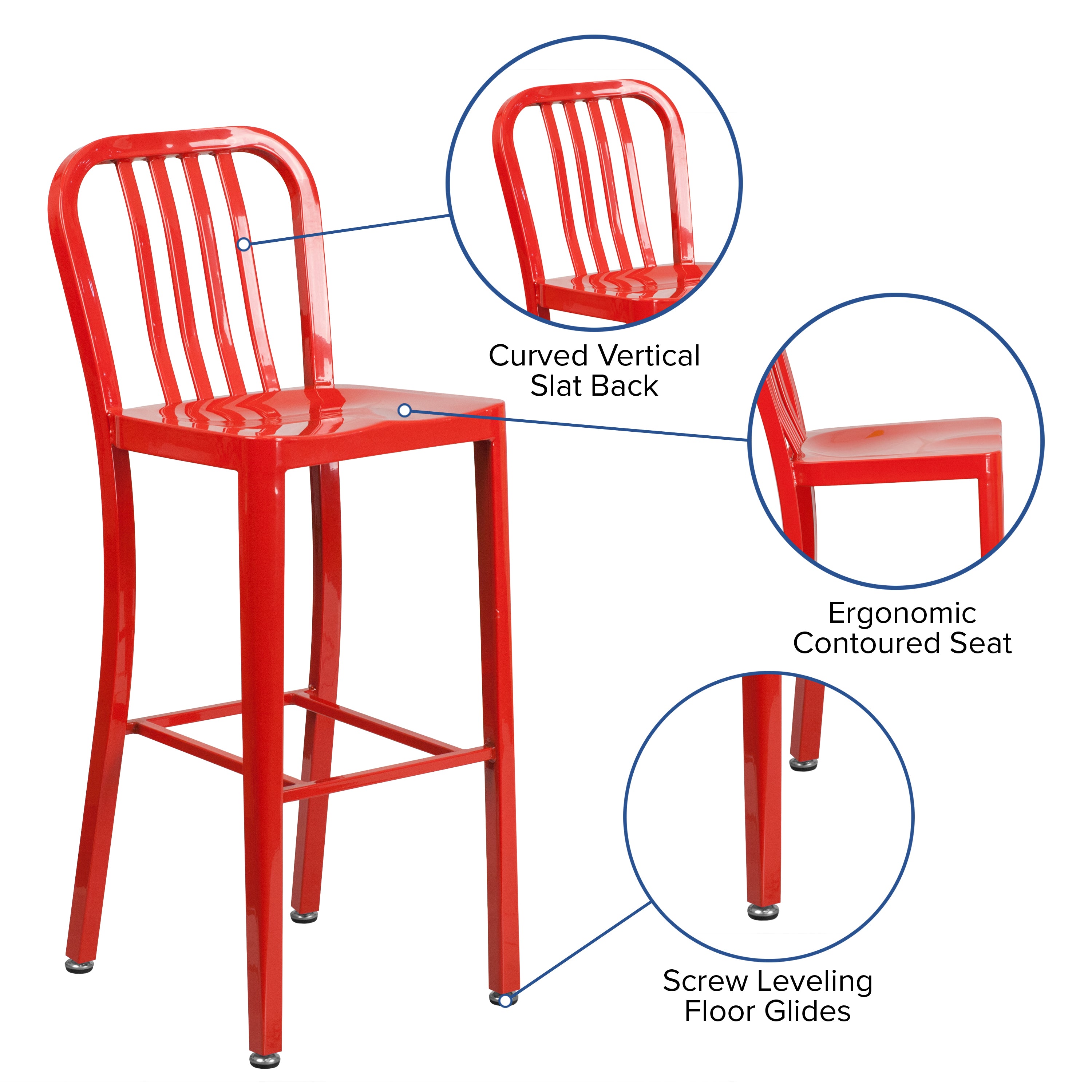 Gael Commercial Grade 30" High Red Metal Indoor-Outdoor Barstool with Vertical Slat Back