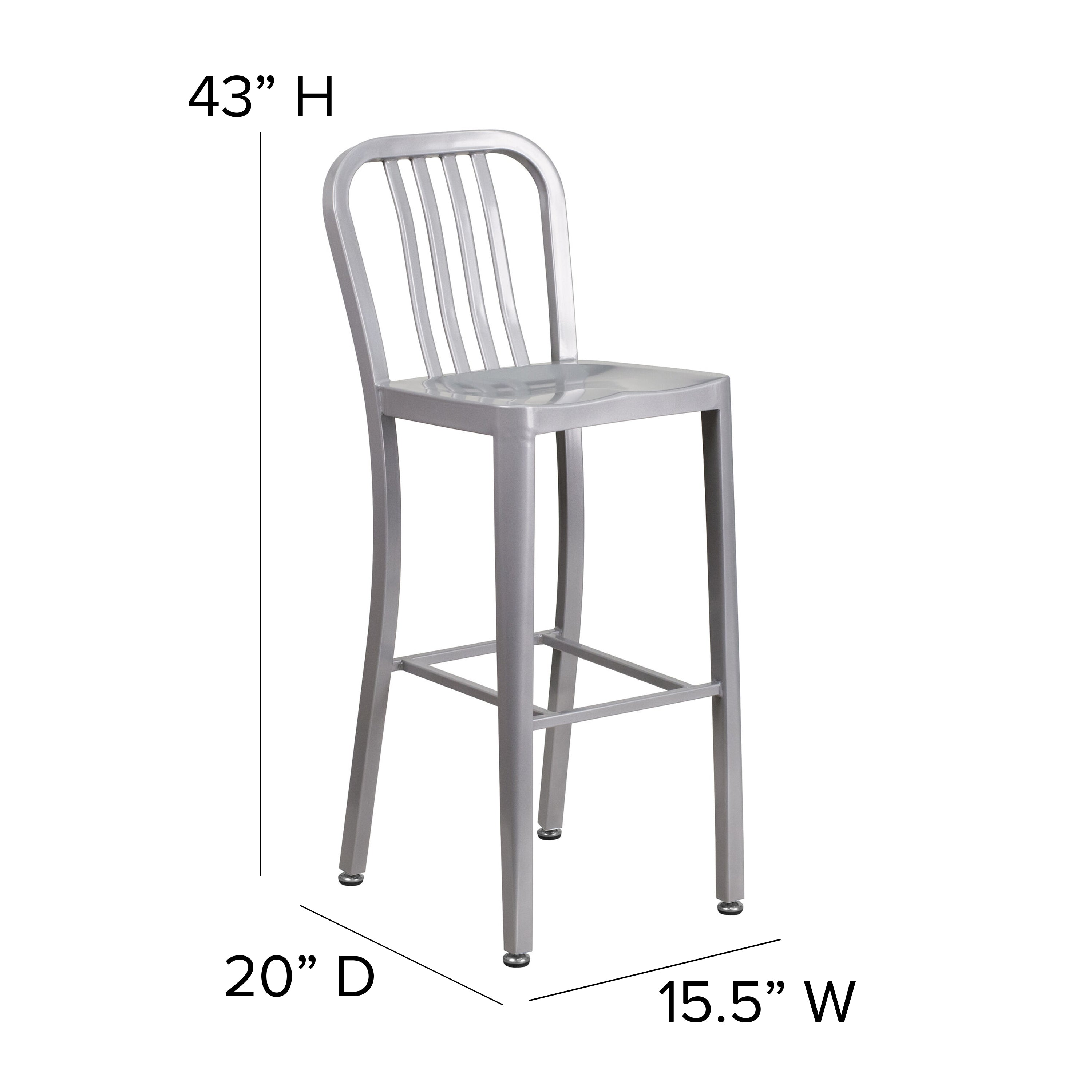 Gael Commercial Grade 30" High Silver Metal Indoor-Outdoor Barstool with Vertical Slat Back