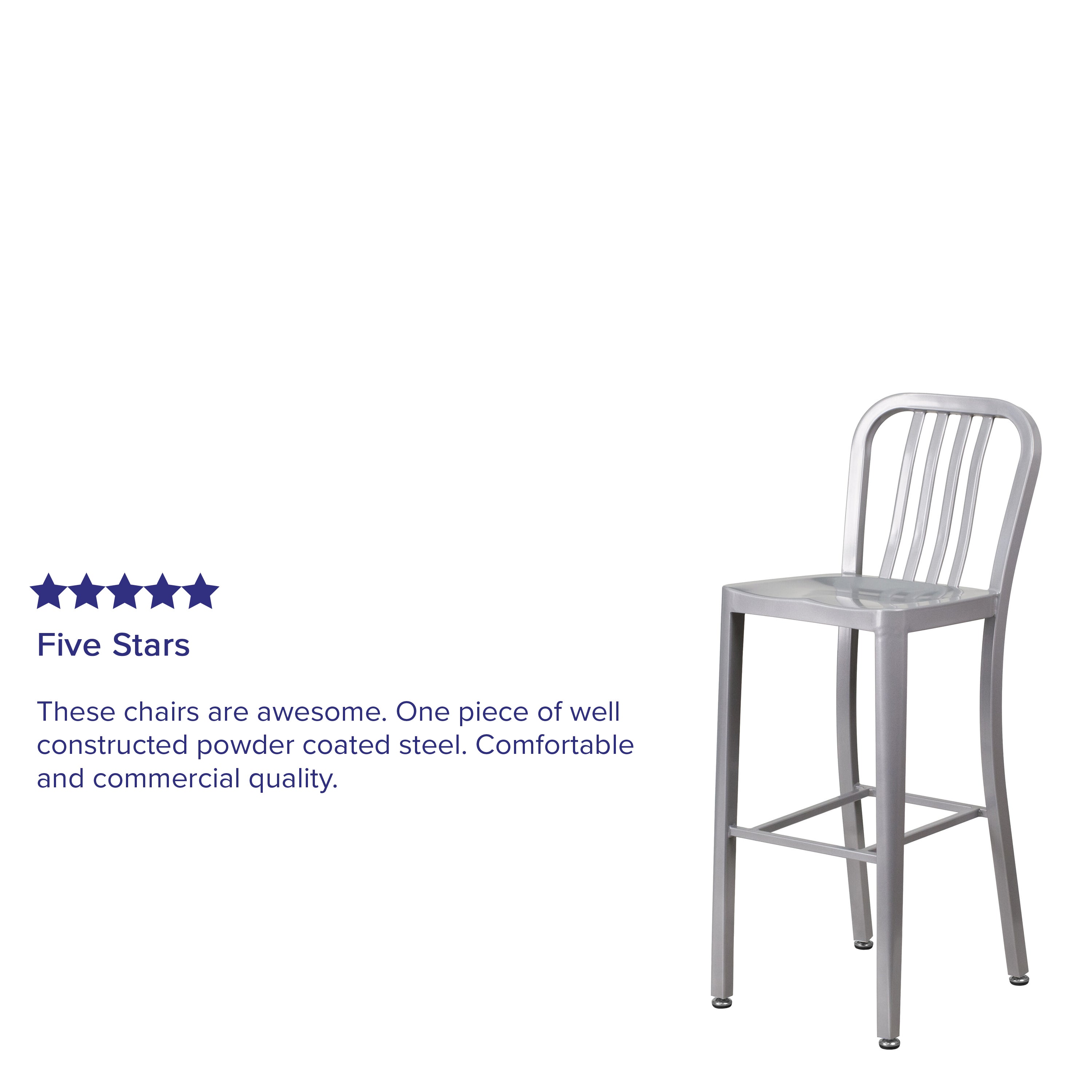 Gael Commercial Grade 30" High Silver Metal Indoor-Outdoor Barstool with Vertical Slat Back