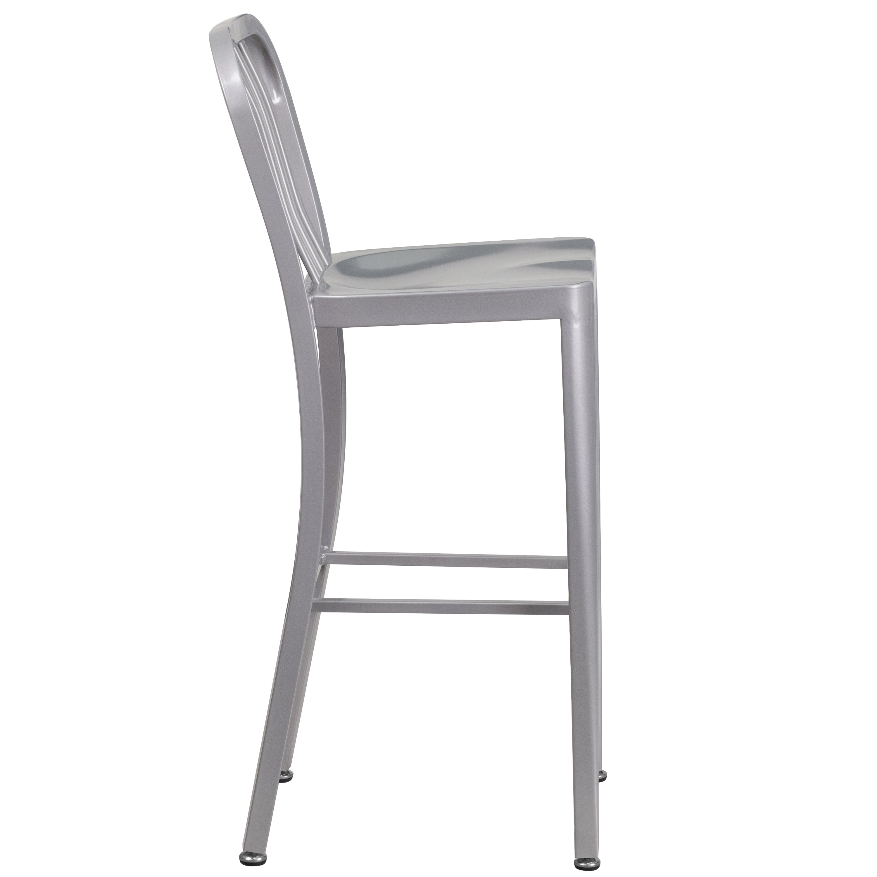 Gael Commercial Grade 30" High Silver Metal Indoor-Outdoor Barstool with Vertical Slat Back
