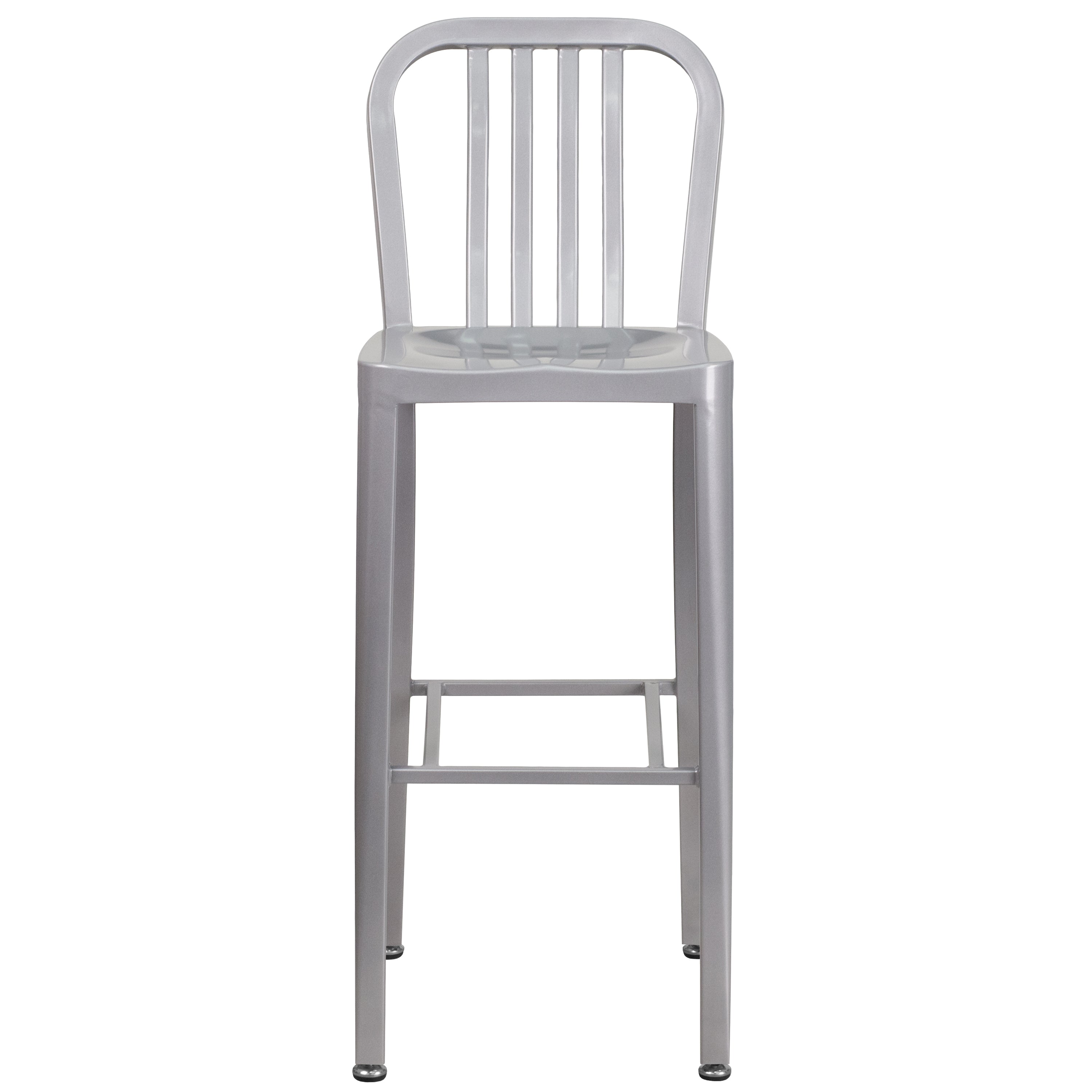 Gael Commercial Grade 30" High Silver Metal Indoor-Outdoor Barstool with Vertical Slat Back