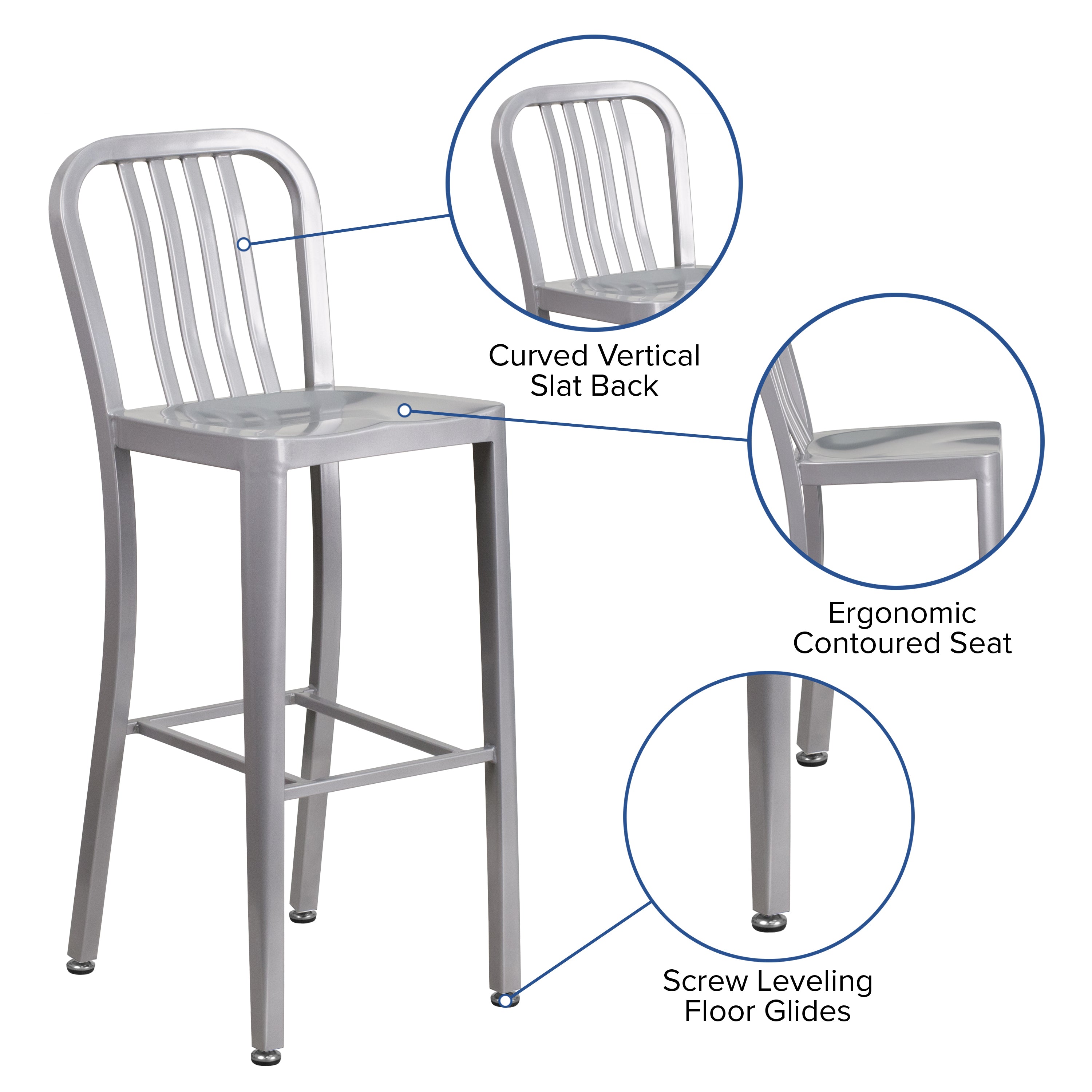 Gael Commercial Grade 30" High Silver Metal Indoor-Outdoor Barstool with Vertical Slat Back