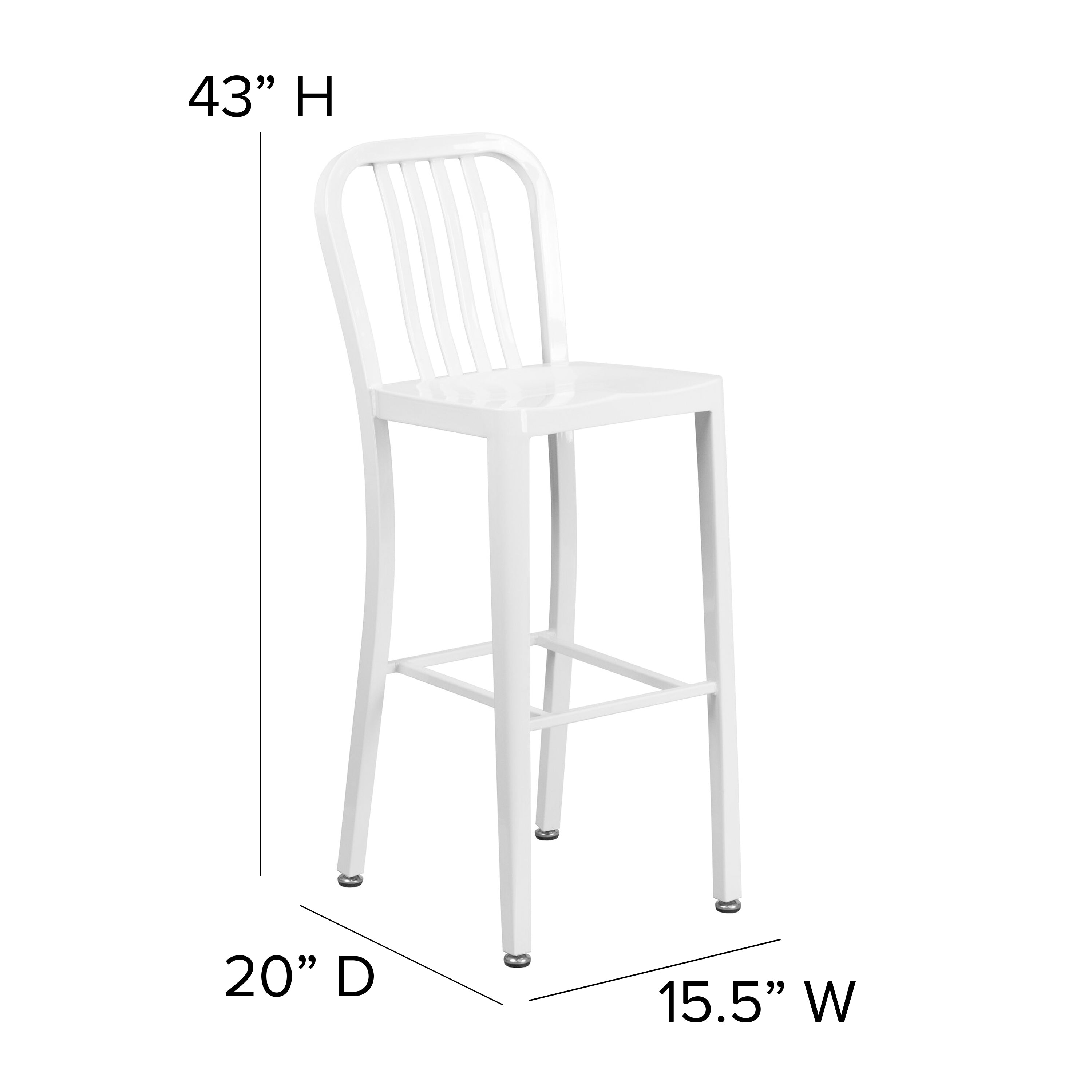 Gael Commercial Grade 30" High White Metal Indoor-Outdoor Barstool with Vertical Slat Back