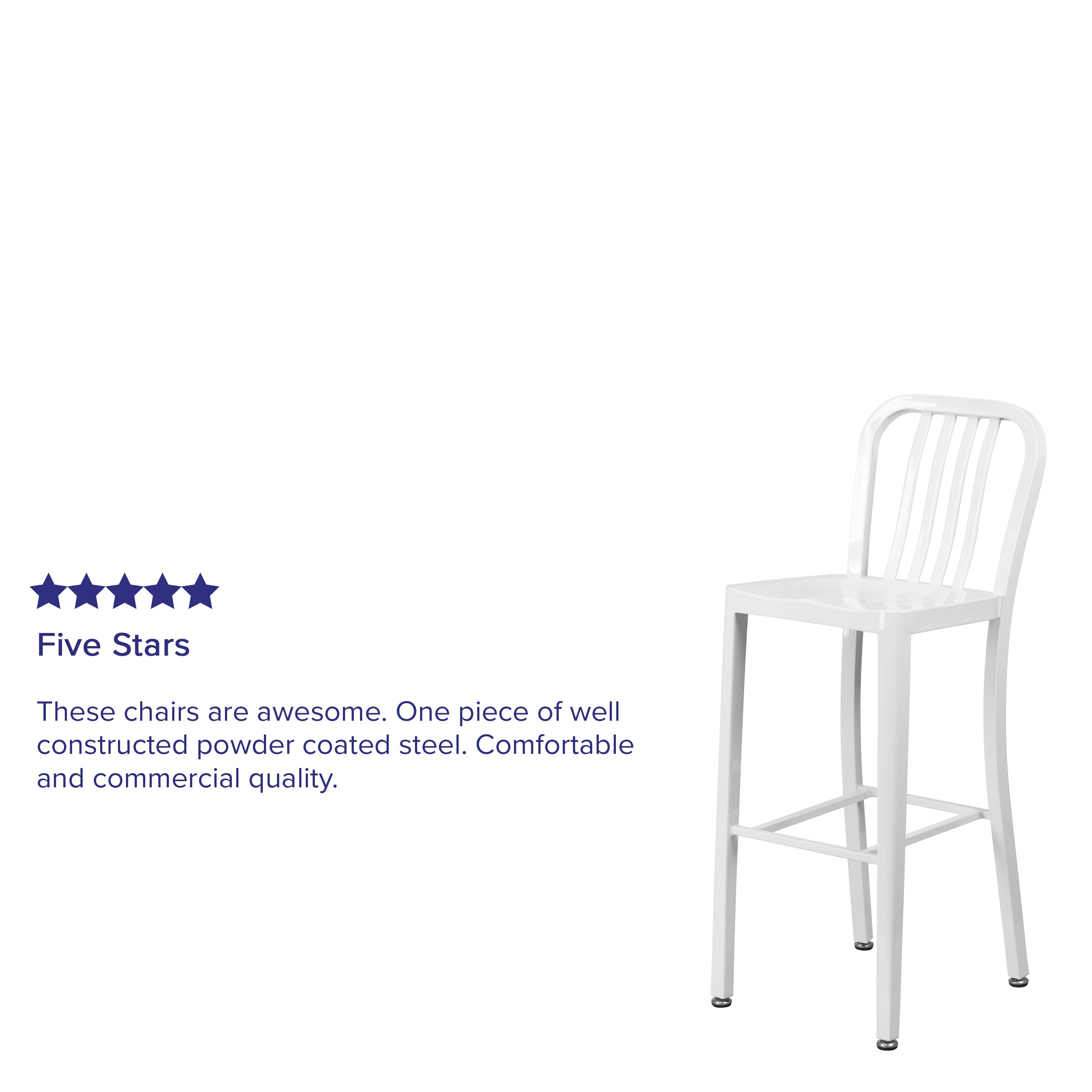 Gael Commercial Grade 30" High White Metal Indoor-Outdoor Barstool with Vertical Slat Back