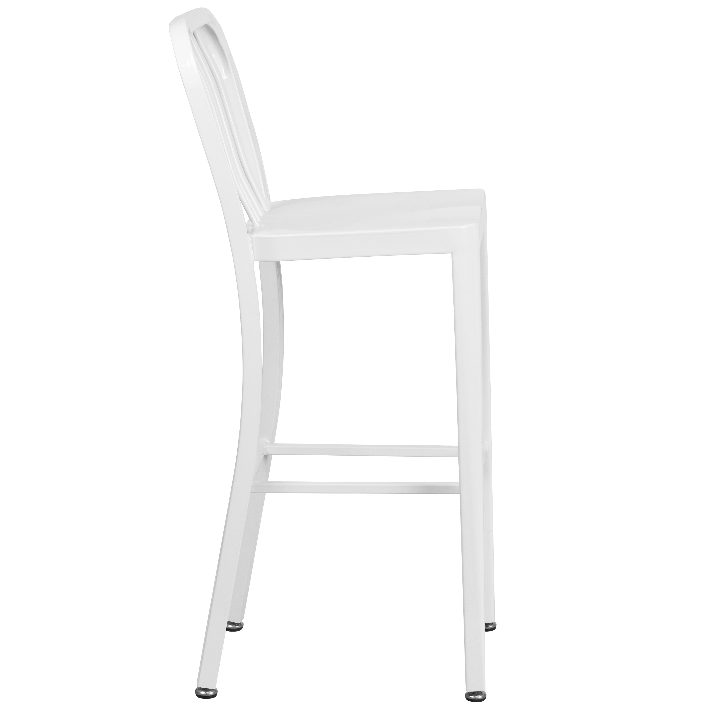 Gael Commercial Grade 30" High White Metal Indoor-Outdoor Barstool with Vertical Slat Back