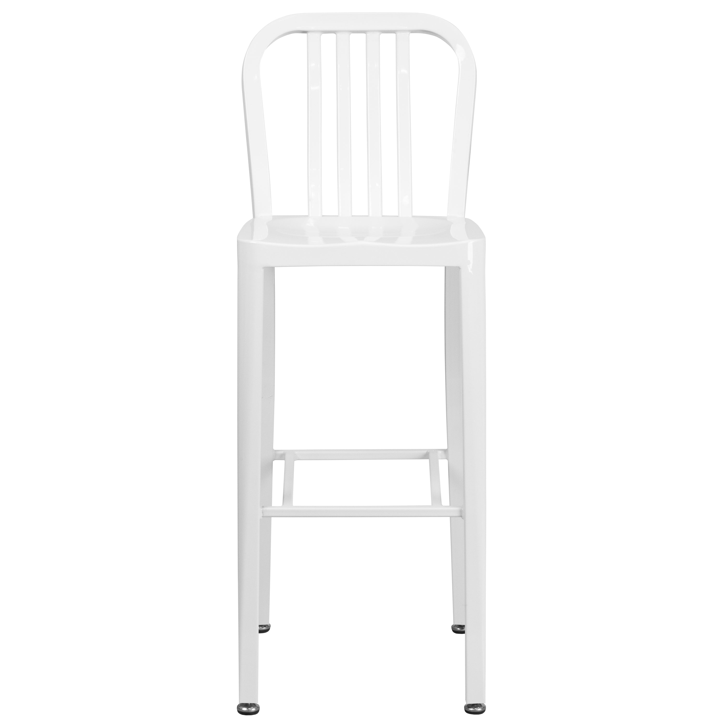 Gael Commercial Grade 30" High White Metal Indoor-Outdoor Barstool with Vertical Slat Back