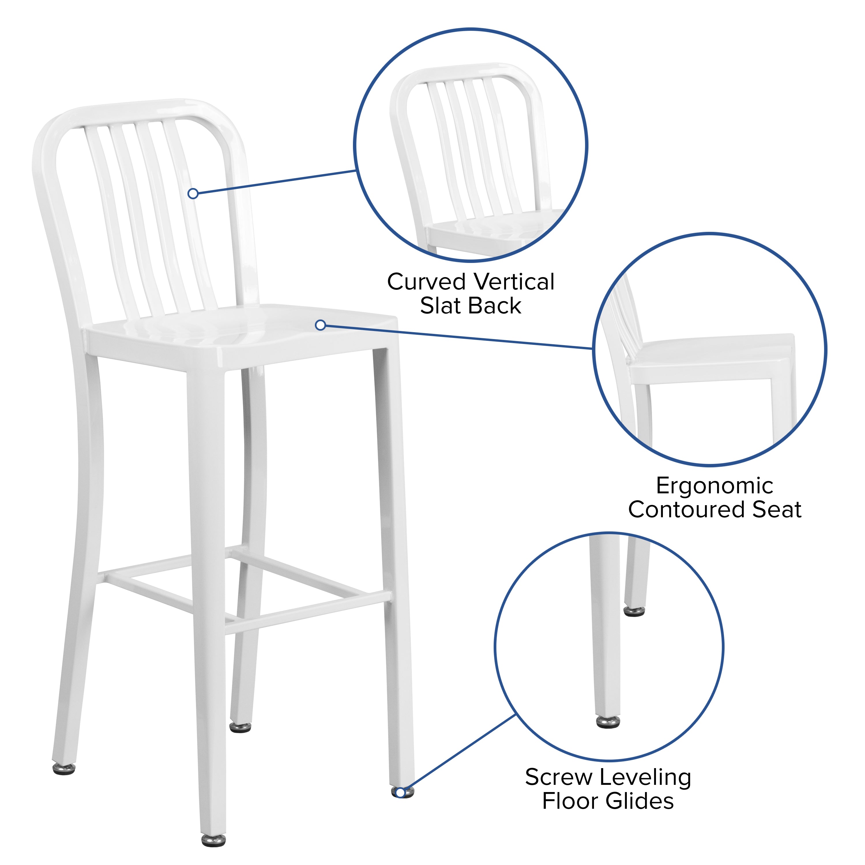 Gael Commercial Grade 30" High White Metal Indoor-Outdoor Barstool with Vertical Slat Back