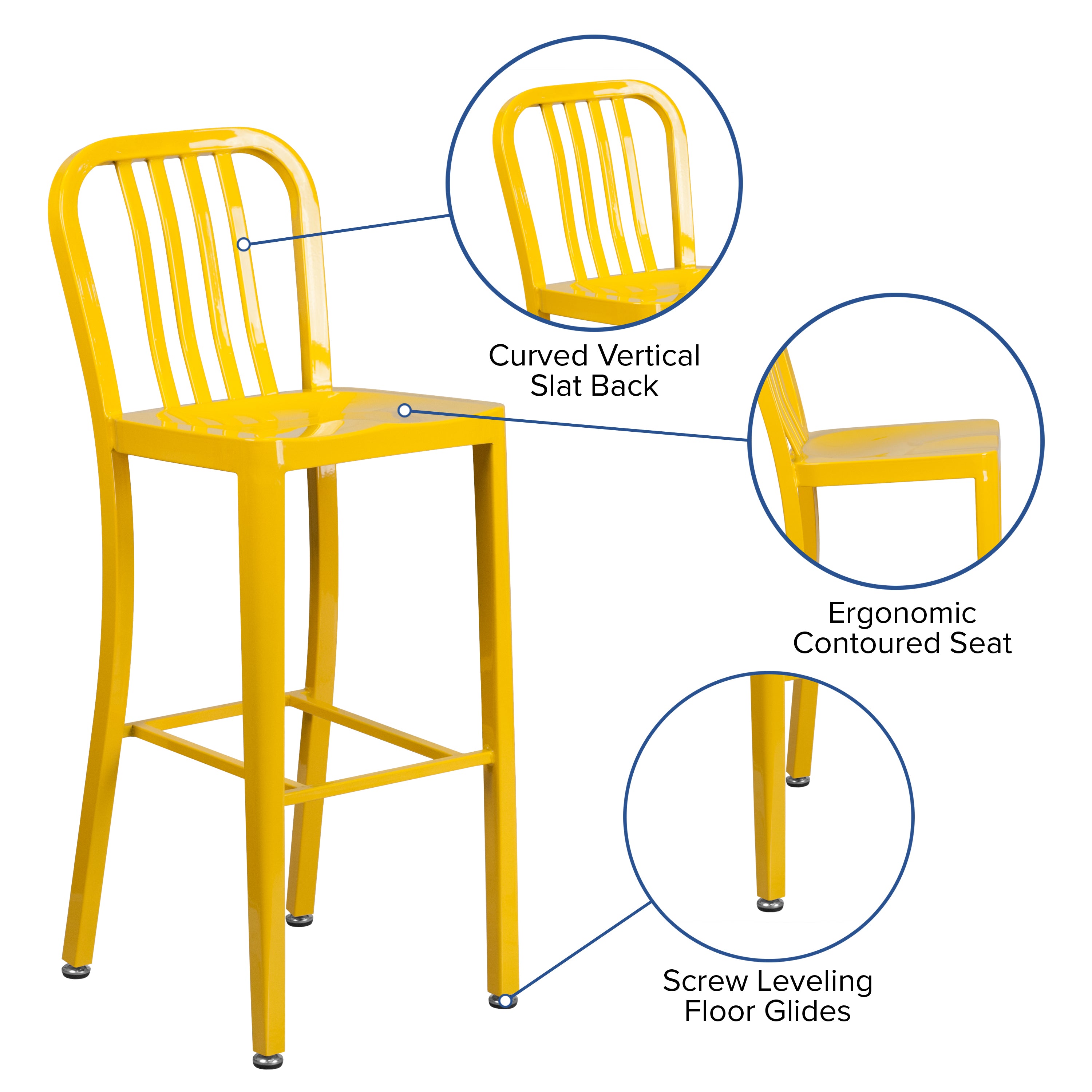 Gael Commercial Grade 30" High Yellow Metal Indoor-Outdoor Barstool with Vertical Slat Back
