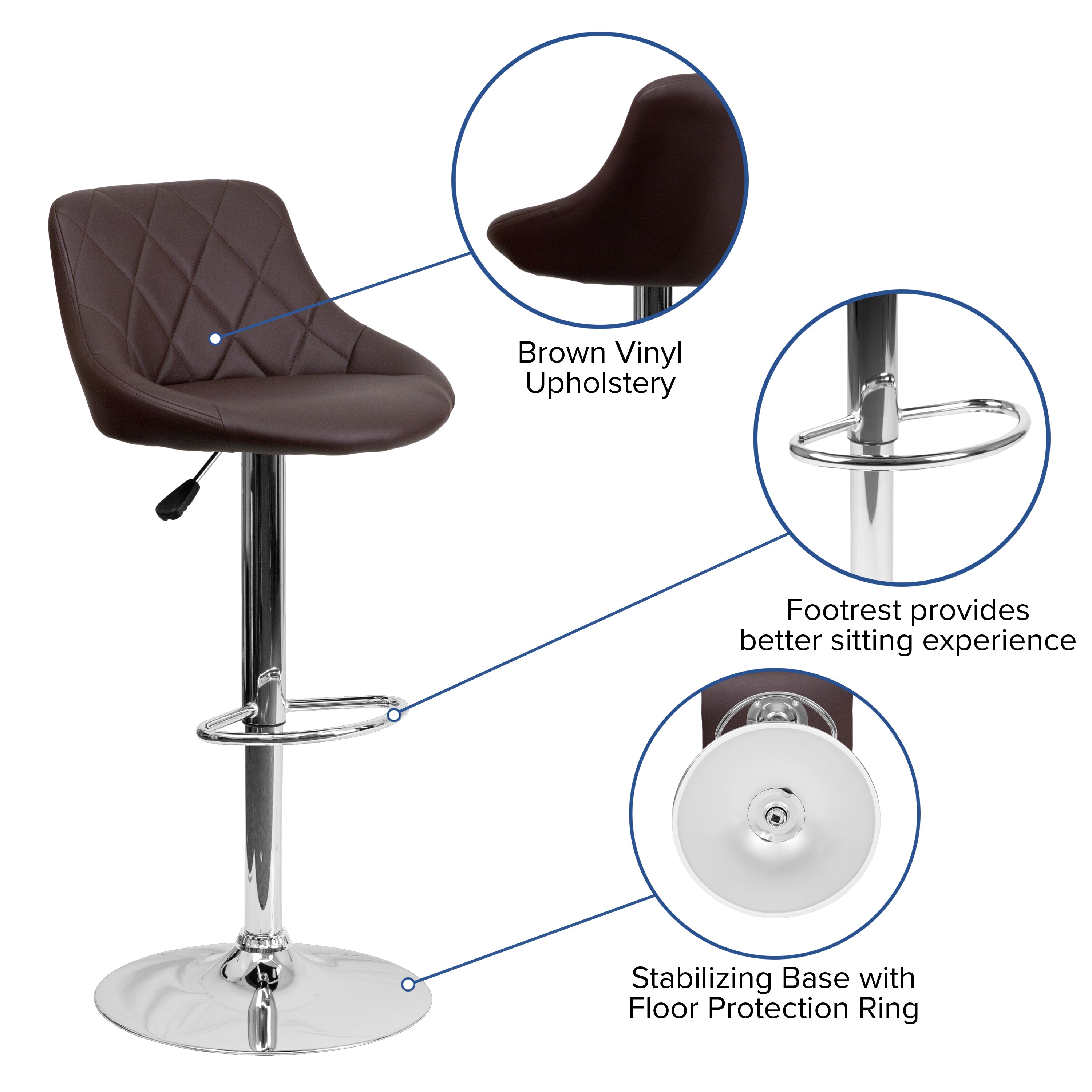 Dale Contemporary Brown Vinyl Bucket Seat Adjustable Height Barstool with Diamond Pattern Back and Chrome Base