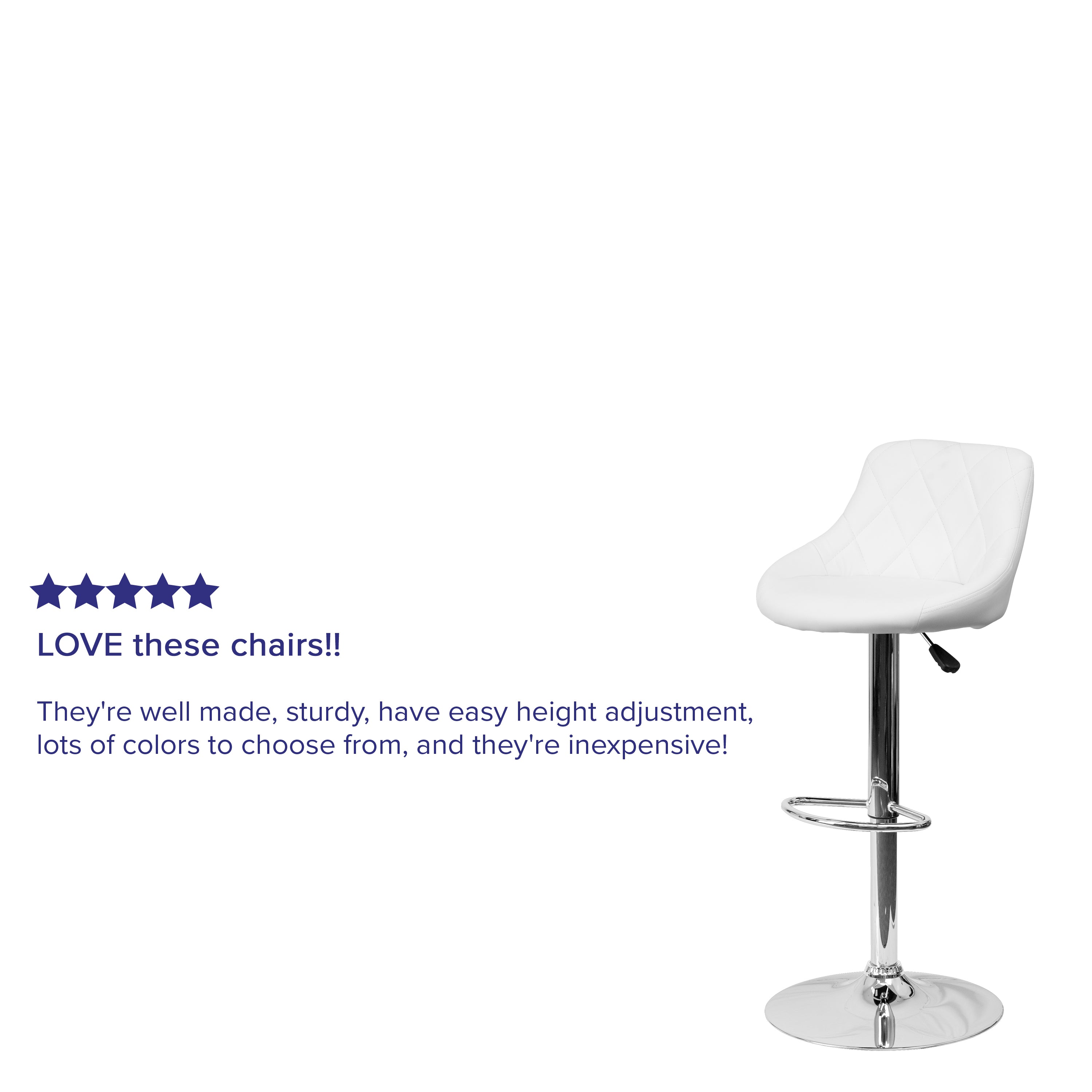 Dale Contemporary White Vinyl Bucket Seat Adjustable Height Barstool with Diamond Pattern Back and Chrome Base