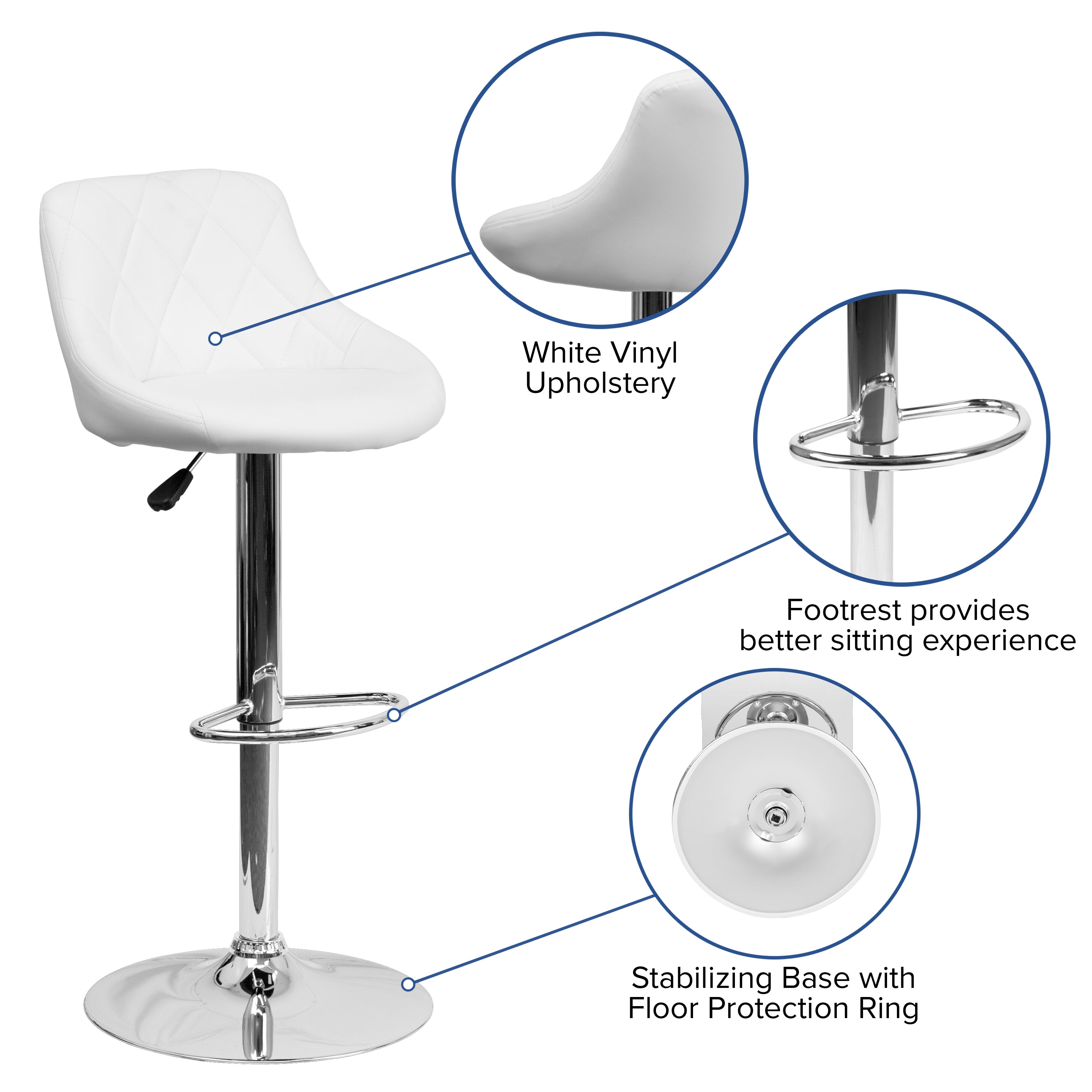 Dale Contemporary White Vinyl Bucket Seat Adjustable Height Barstool with Diamond Pattern Back and Chrome Base