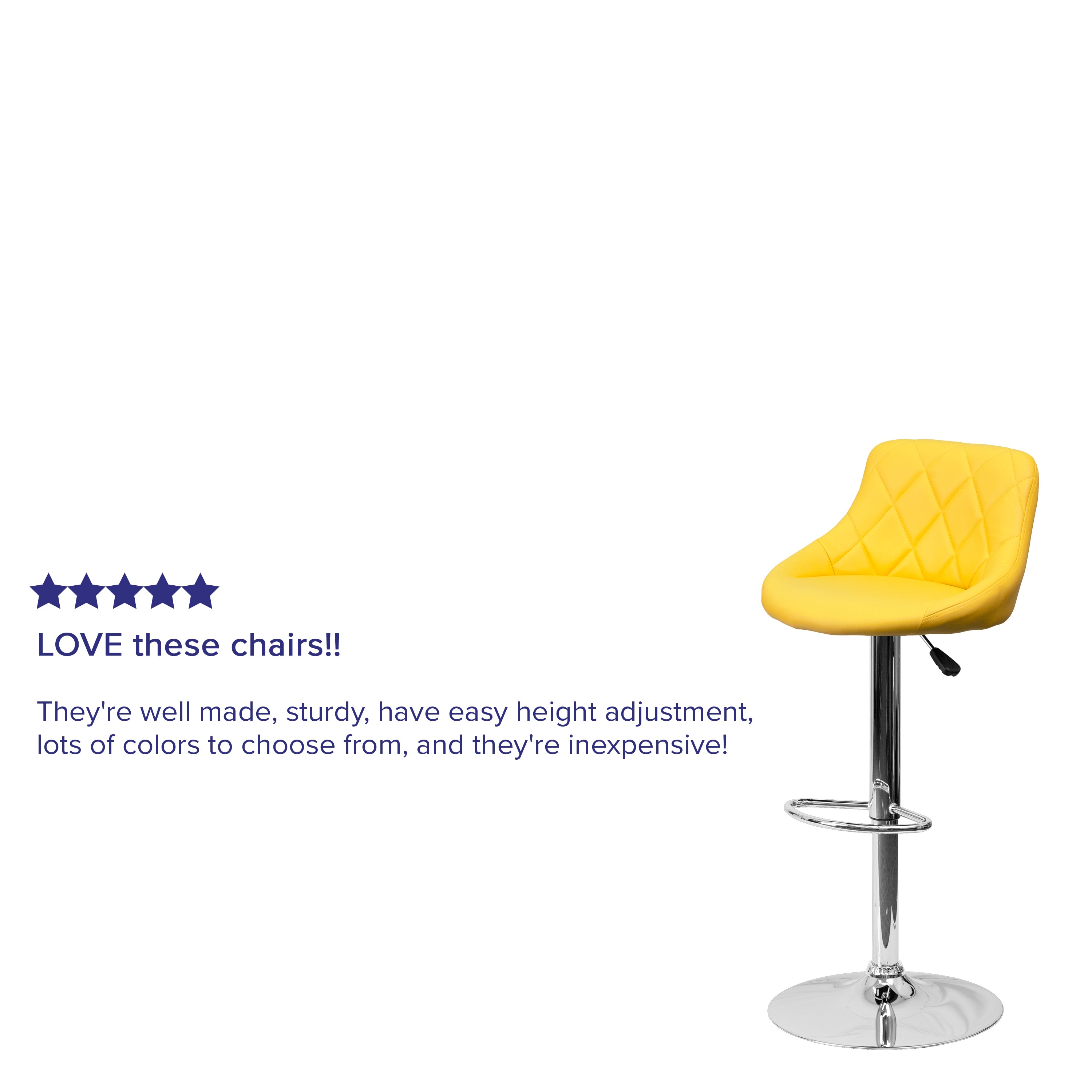 Dale Contemporary Yellow Vinyl Bucket Seat Adjustable Height Barstool with Diamond Pattern Back and Chrome Base