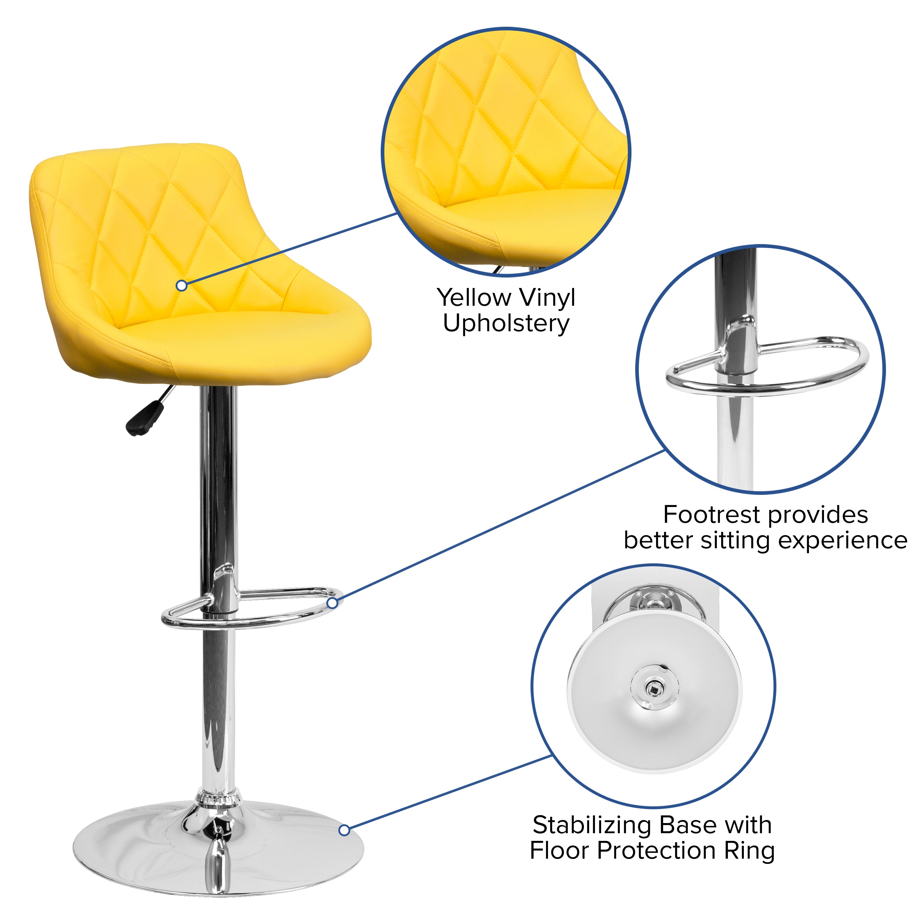 Dale Contemporary Yellow Vinyl Bucket Seat Adjustable Height Barstool with Diamond Pattern Back and Chrome Base