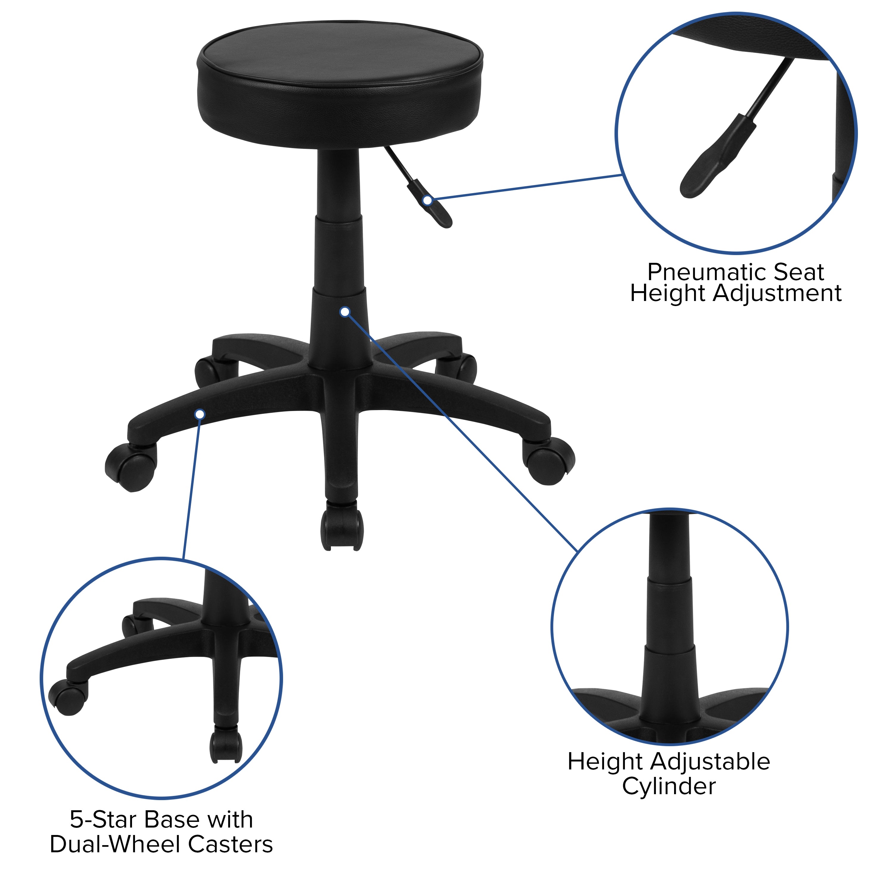 Baker Black Adjustable Doctors Stool on Wheels with Ergonomic Molded Seat