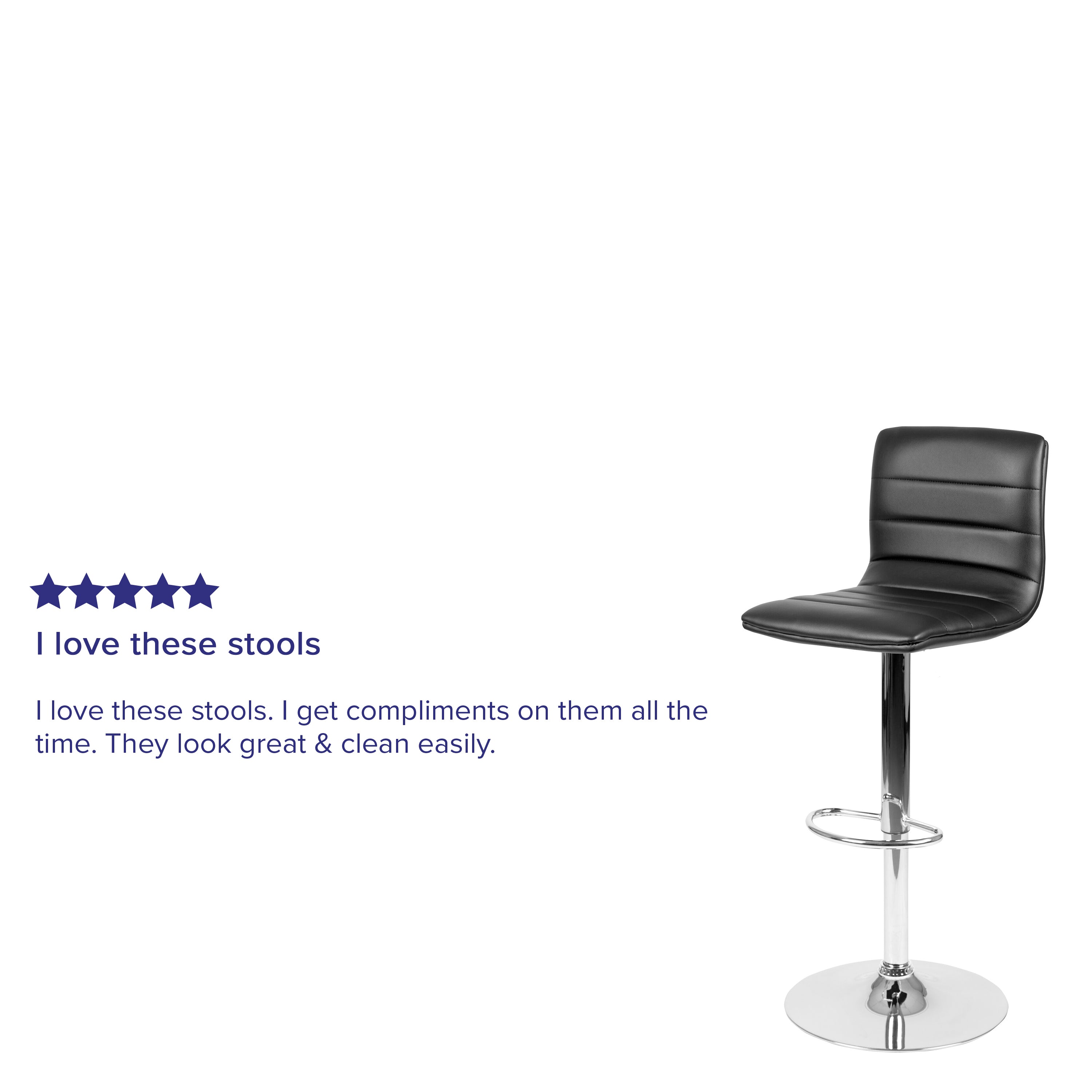 Vincent Modern Black Vinyl Adjustable Bar Stool with Back, Swivel Stool with Chrome Pedestal Base and Footrest