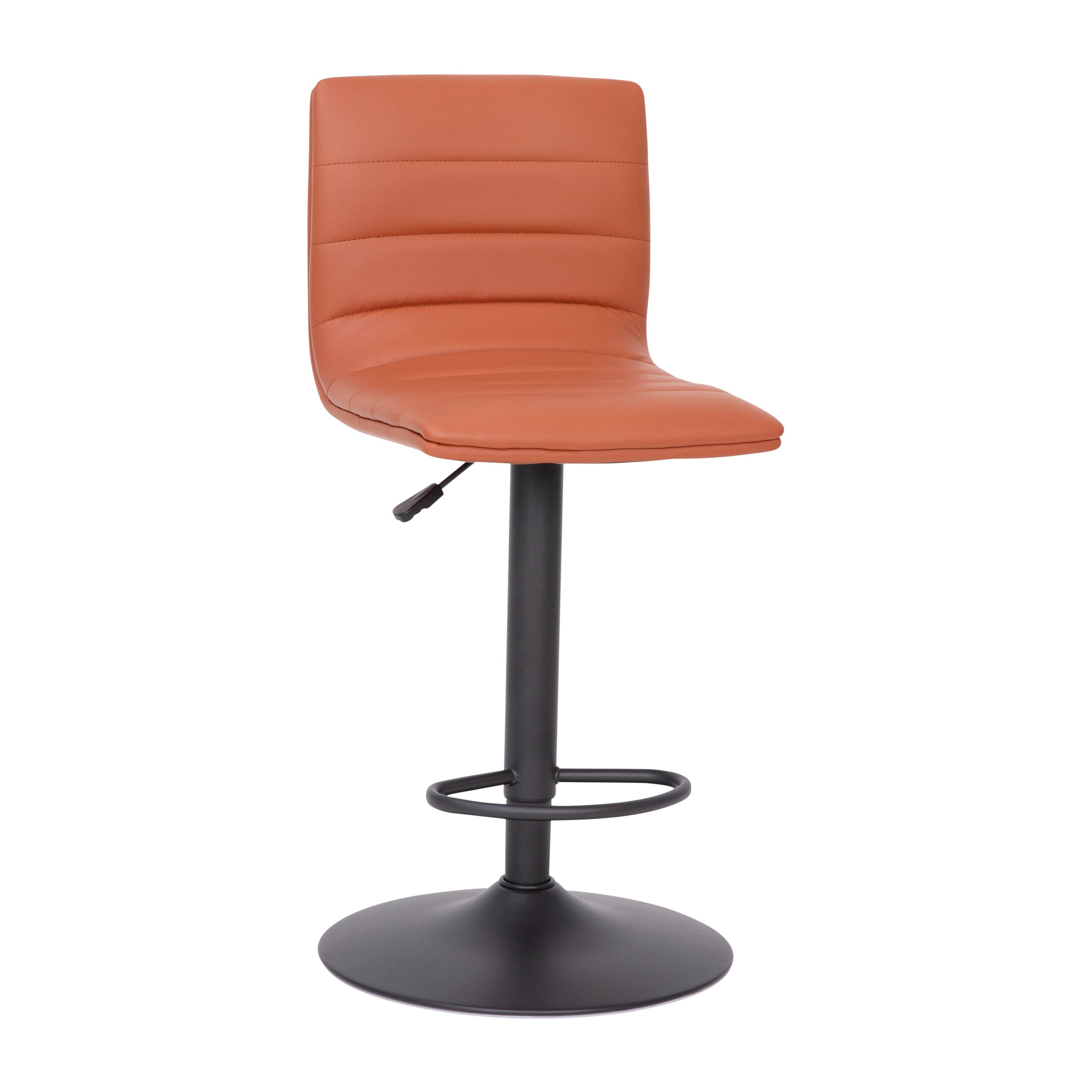 Vincent Modern Cognac Vinyl Adjustable Bar Stool with Back, Swivel Stool with Black Pedestal Base and Footrest