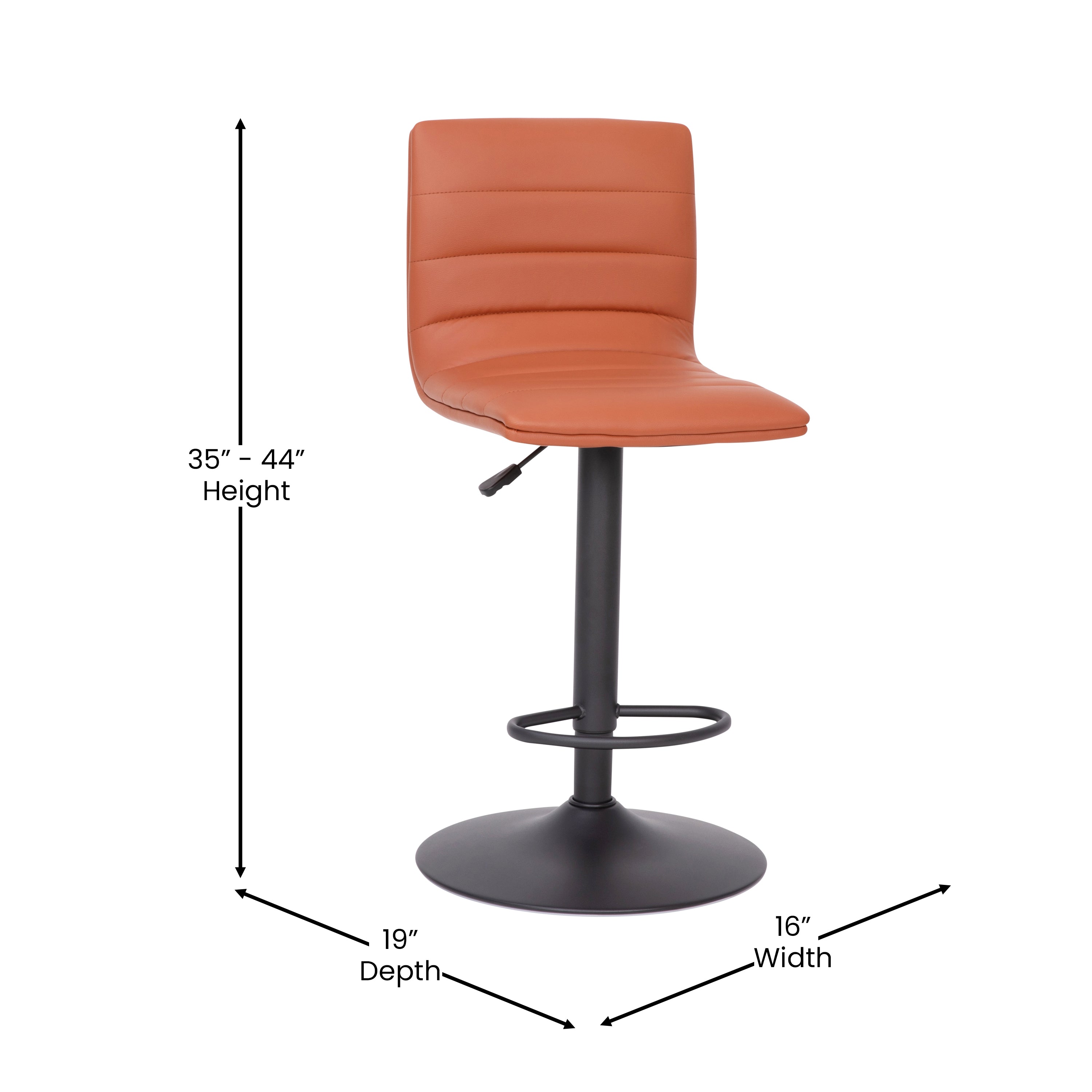 Vincent Modern Cognac Vinyl Adjustable Bar Stool with Back, Swivel Stool with Black Pedestal Base and Footrest