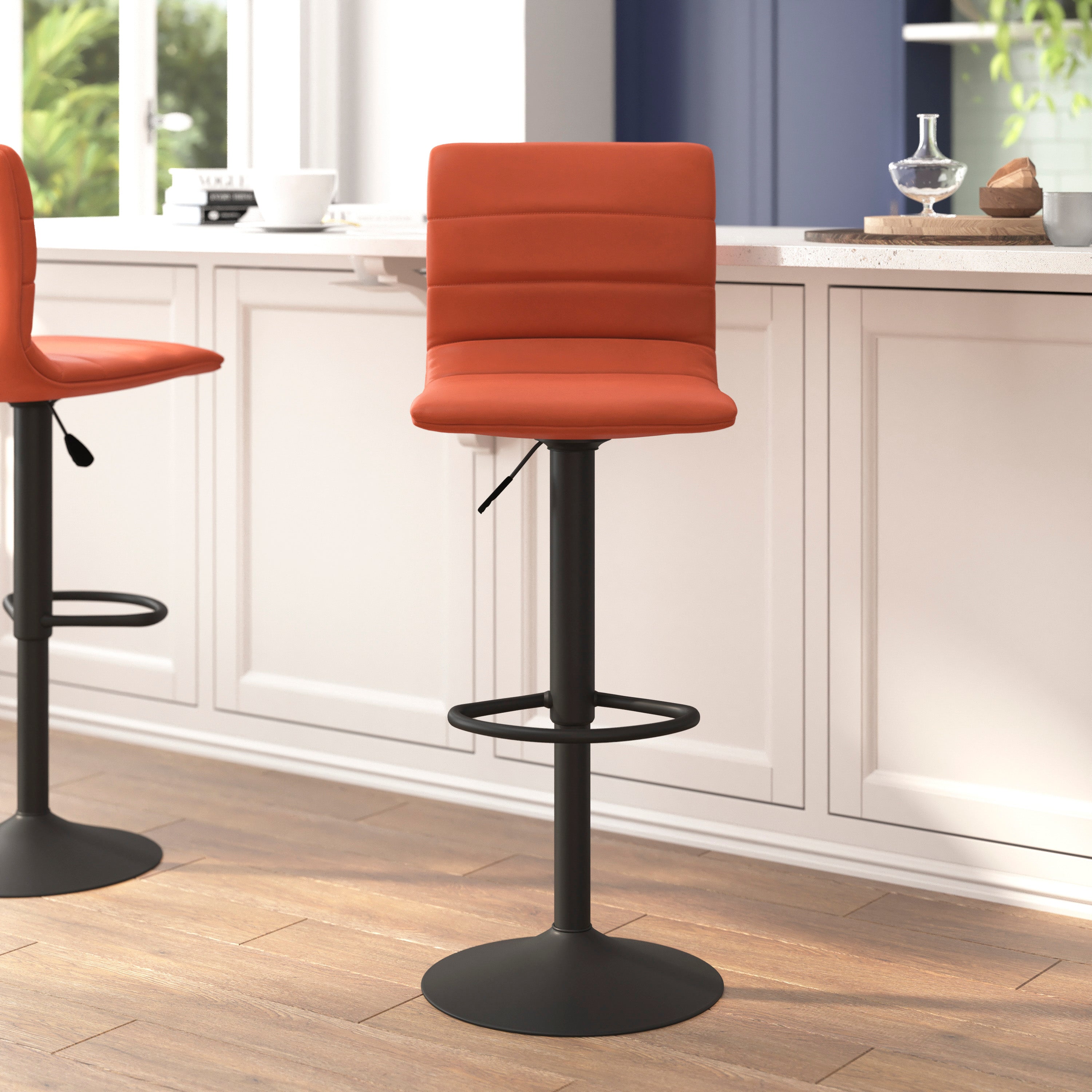 Vincent Modern Cognac Vinyl Adjustable Bar Stool with Back, Swivel Stool with Black Pedestal Base and Footrest