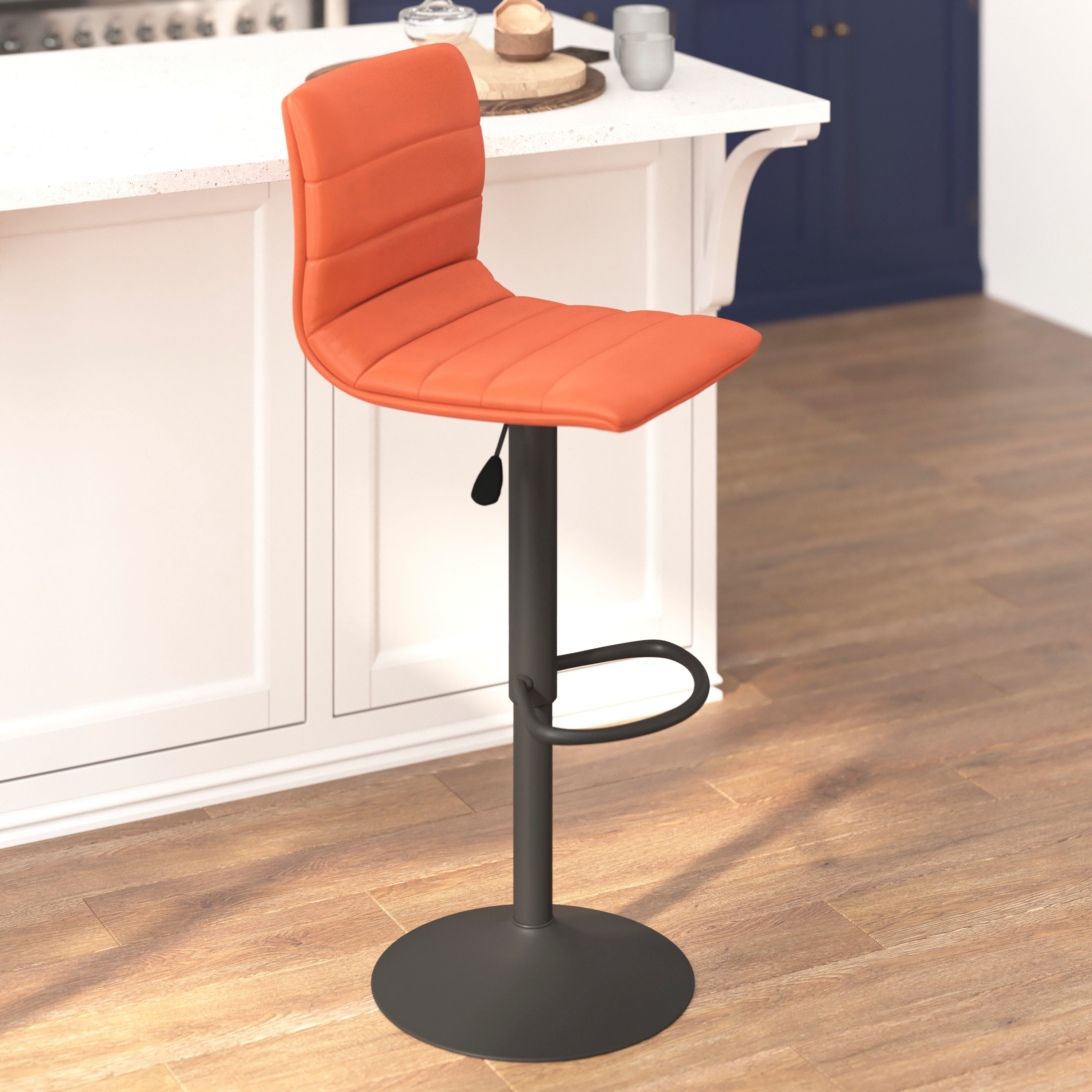 Vincent Modern Cognac Vinyl Adjustable Bar Stool with Back, Swivel Stool with Black Pedestal Base and Footrest