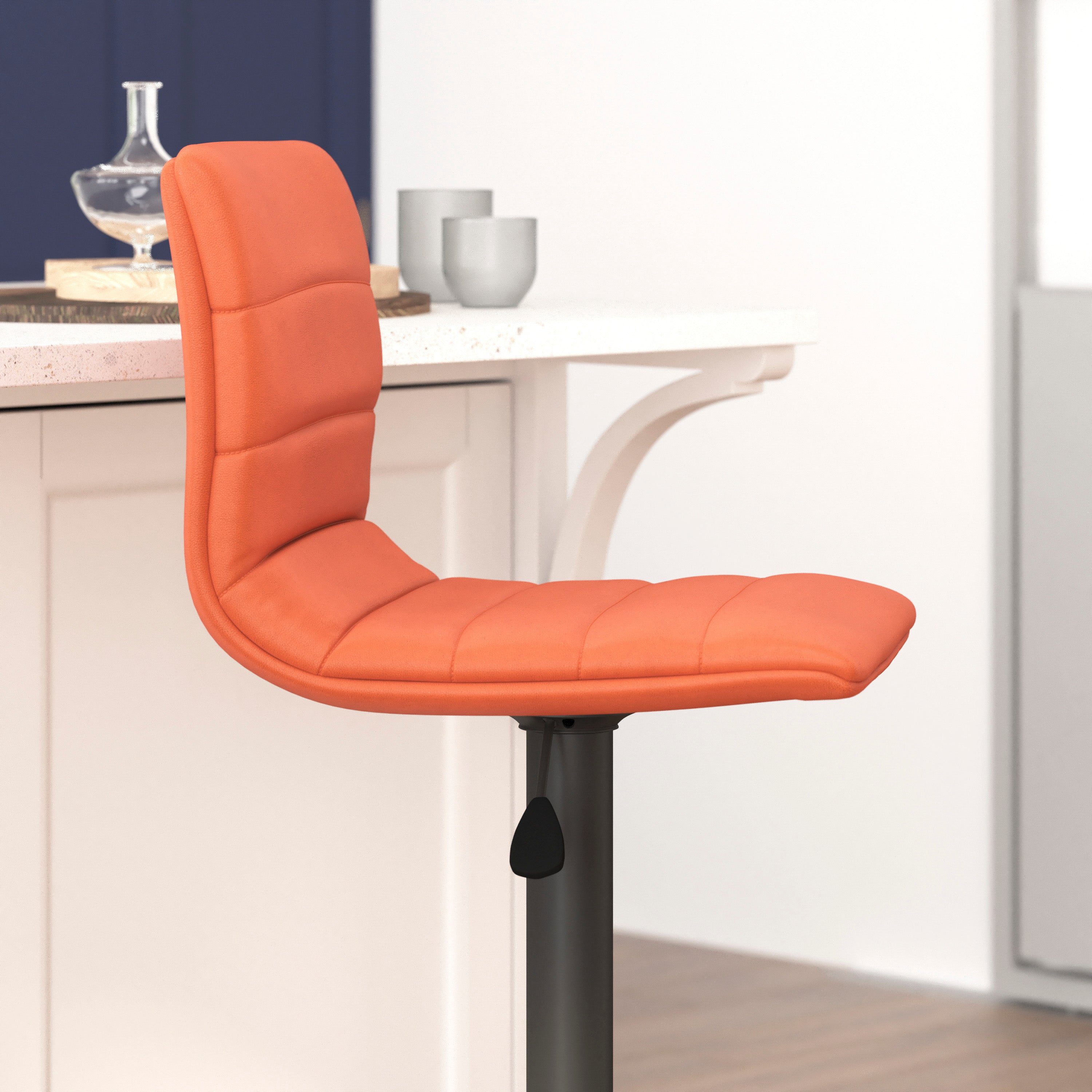 Vincent Modern Cognac Vinyl Adjustable Bar Stool with Back, Swivel Stool with Black Pedestal Base and Footrest