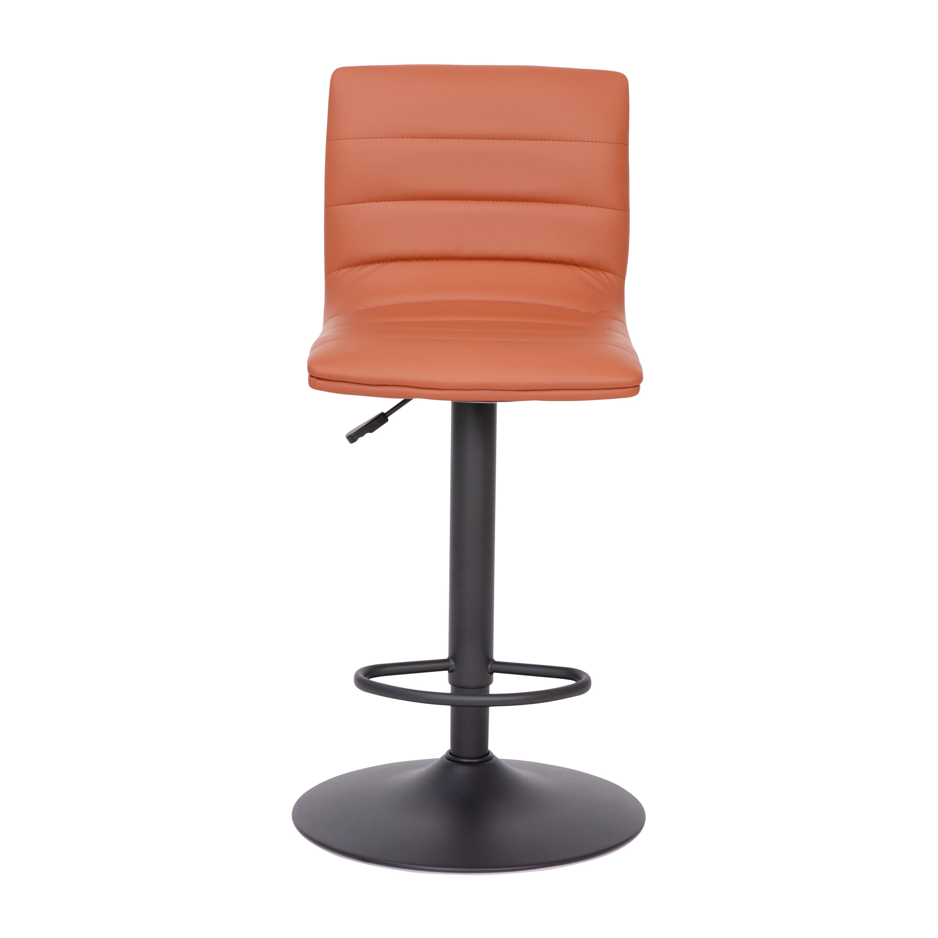 Vincent Modern Cognac Vinyl Adjustable Bar Stool with Back, Swivel Stool with Black Pedestal Base and Footrest
