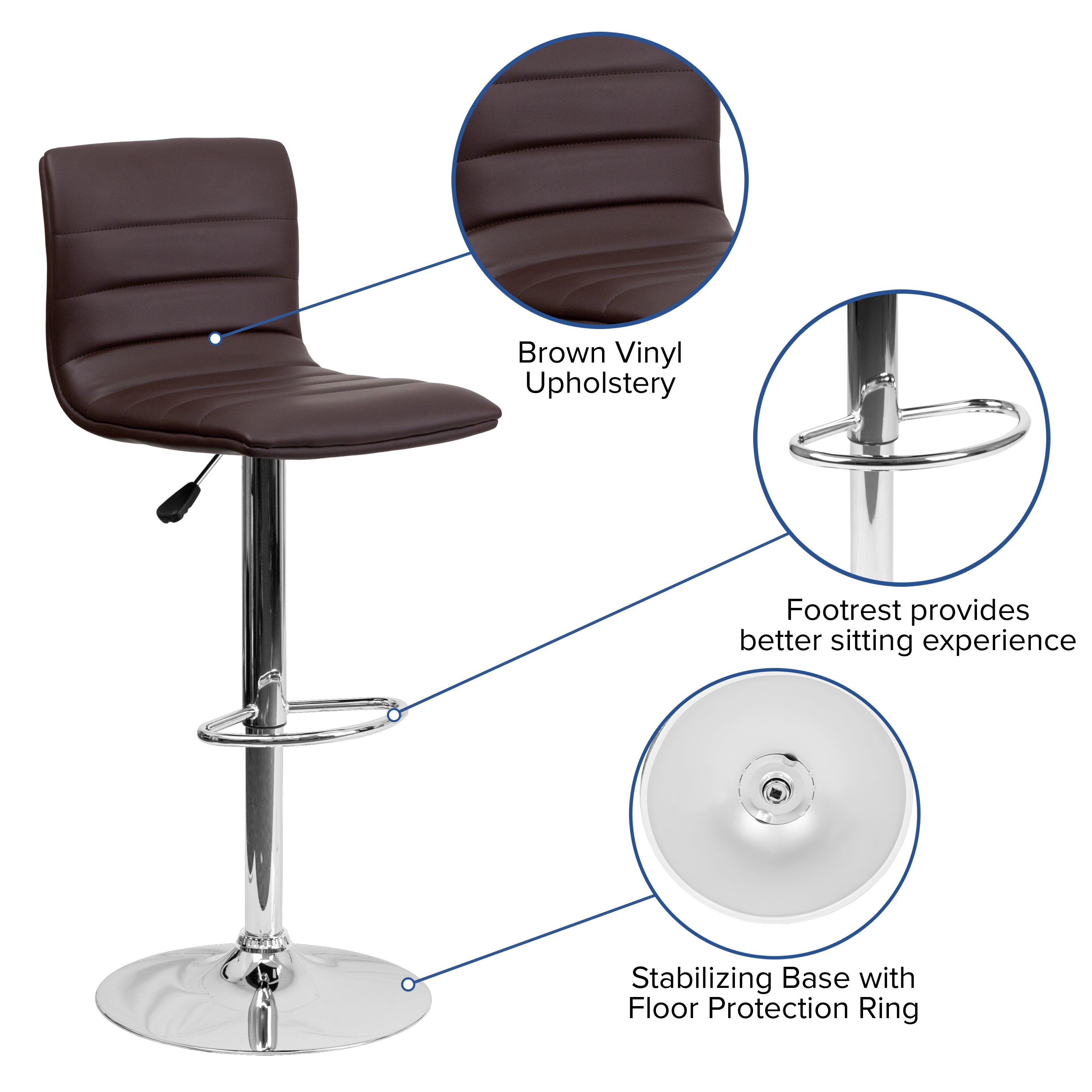 Vincent Modern Brown Vinyl Adjustable Bar Stool with Back, Swivel Stool with Chrome Pedestal Base and Footrest