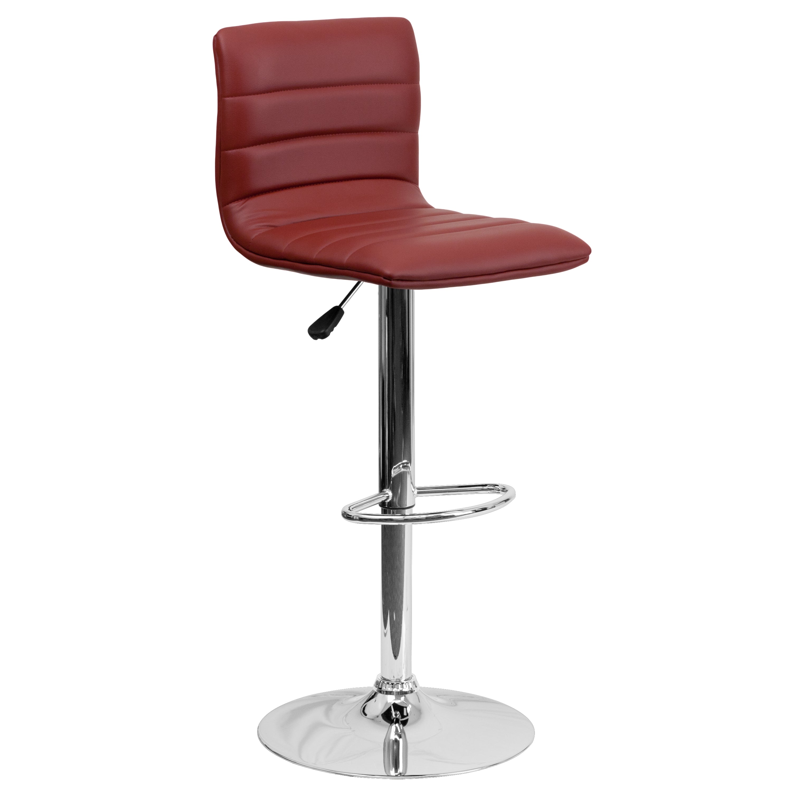 Vincent Modern Burgundy Vinyl Adjustable Bar Stool with Back, Swivel Stool with Chrome Pedestal Base and Footrest