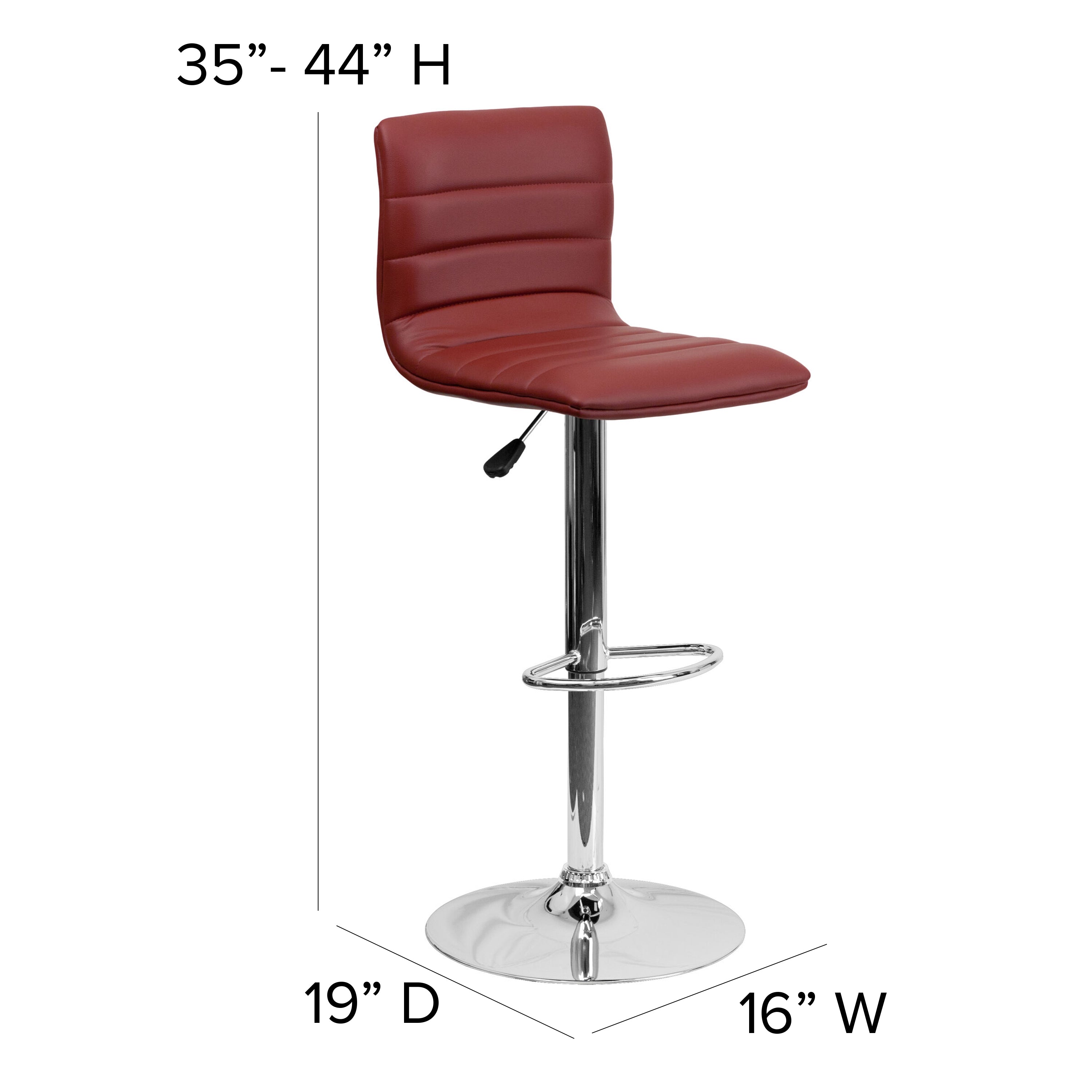 Vincent Modern Burgundy Vinyl Adjustable Bar Stool with Back, Swivel Stool with Chrome Pedestal Base and Footrest