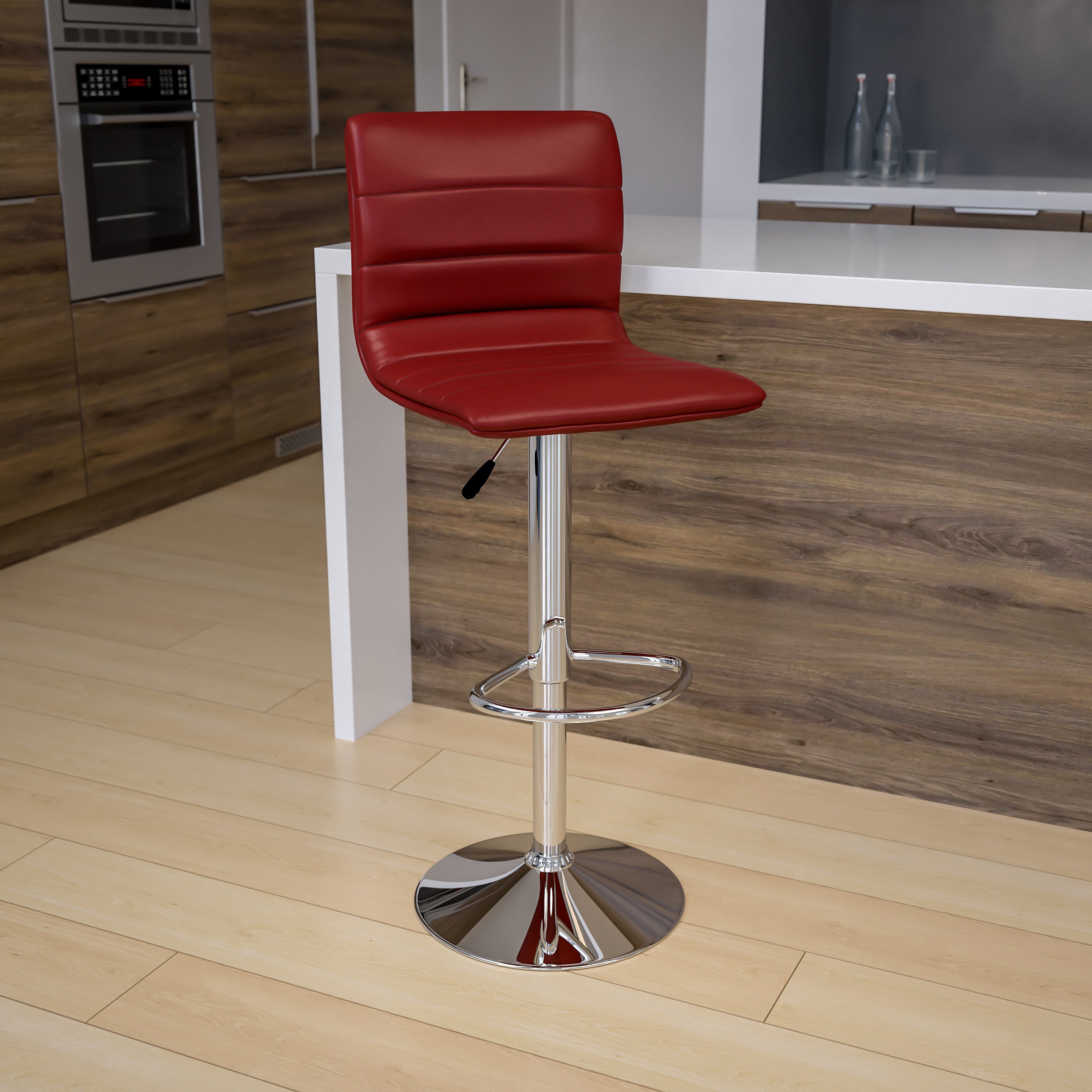 Vincent Modern Burgundy Vinyl Adjustable Bar Stool with Back, Swivel Stool with Chrome Pedestal Base and Footrest