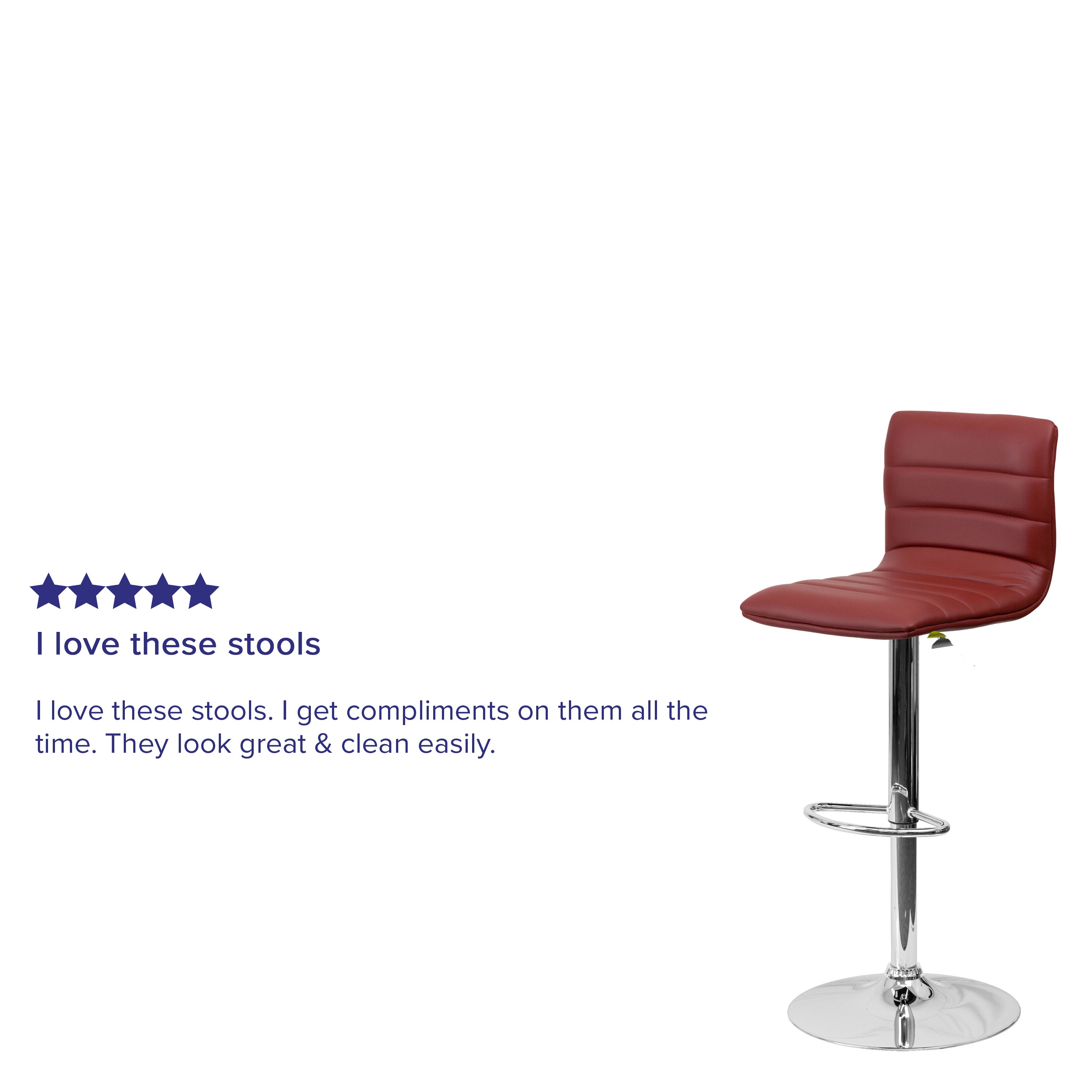 Vincent Modern Burgundy Vinyl Adjustable Bar Stool with Back, Swivel Stool with Chrome Pedestal Base and Footrest