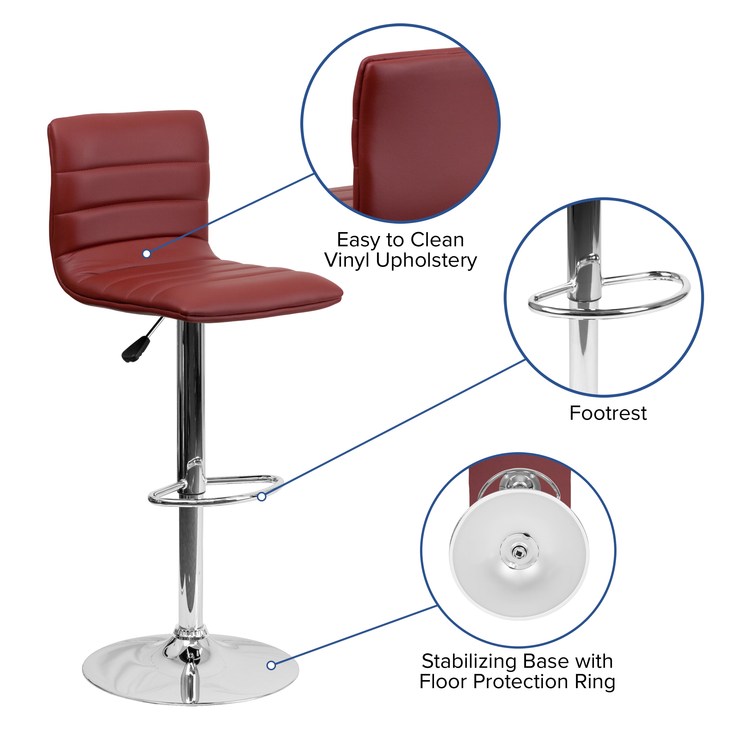 Vincent Modern Burgundy Vinyl Adjustable Bar Stool with Back, Swivel Stool with Chrome Pedestal Base and Footrest